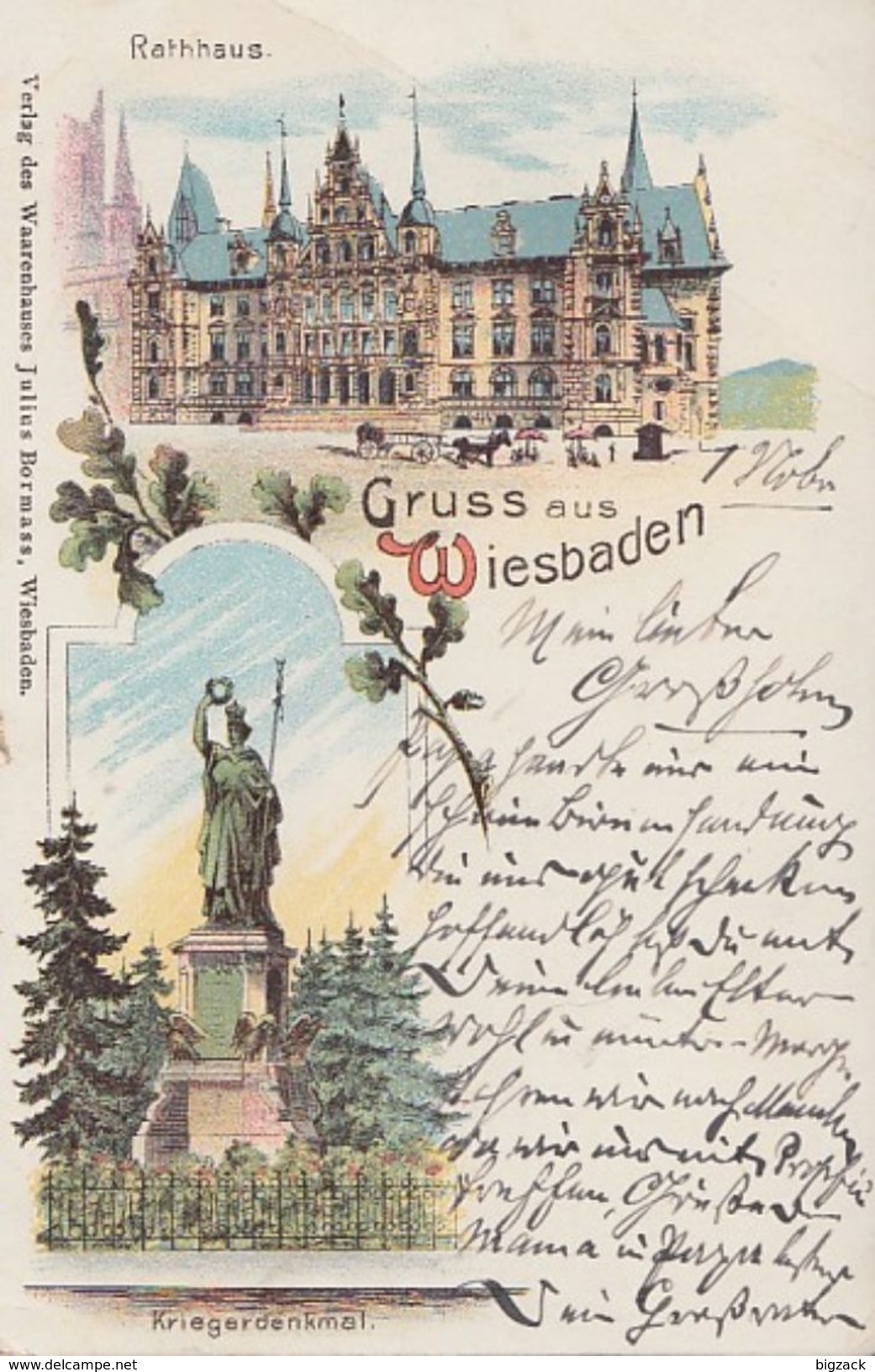 AK Gruss Aus Wiesbaden Rathaus, Kriegerdenkmal Color Gelaufen 1.11.1898 - Wiesbaden