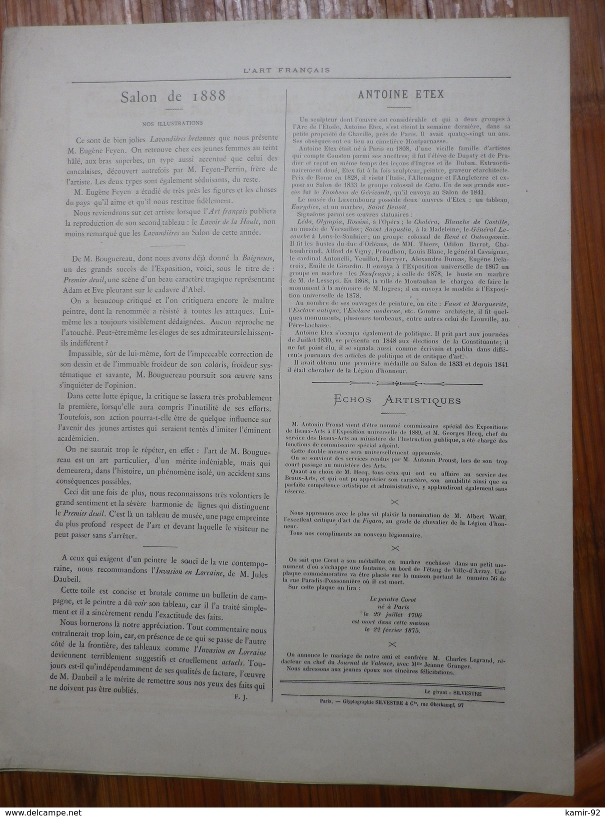 L Art Français  Revue Artistique Hebdomadaire Texte FJAVEL  Glyptographies SILVESTRE        N° 66 1888  Voir Photos - Art