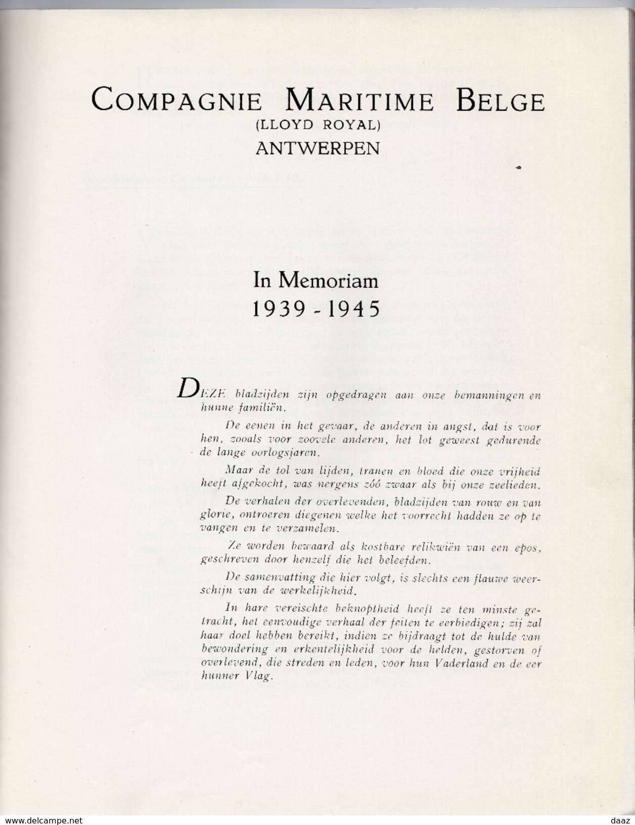 Compagnie Maritime Belge LLoyd Royal Antwerpen In Memorial Victimes De La Guerre 40-45 - Guerre 1939-45