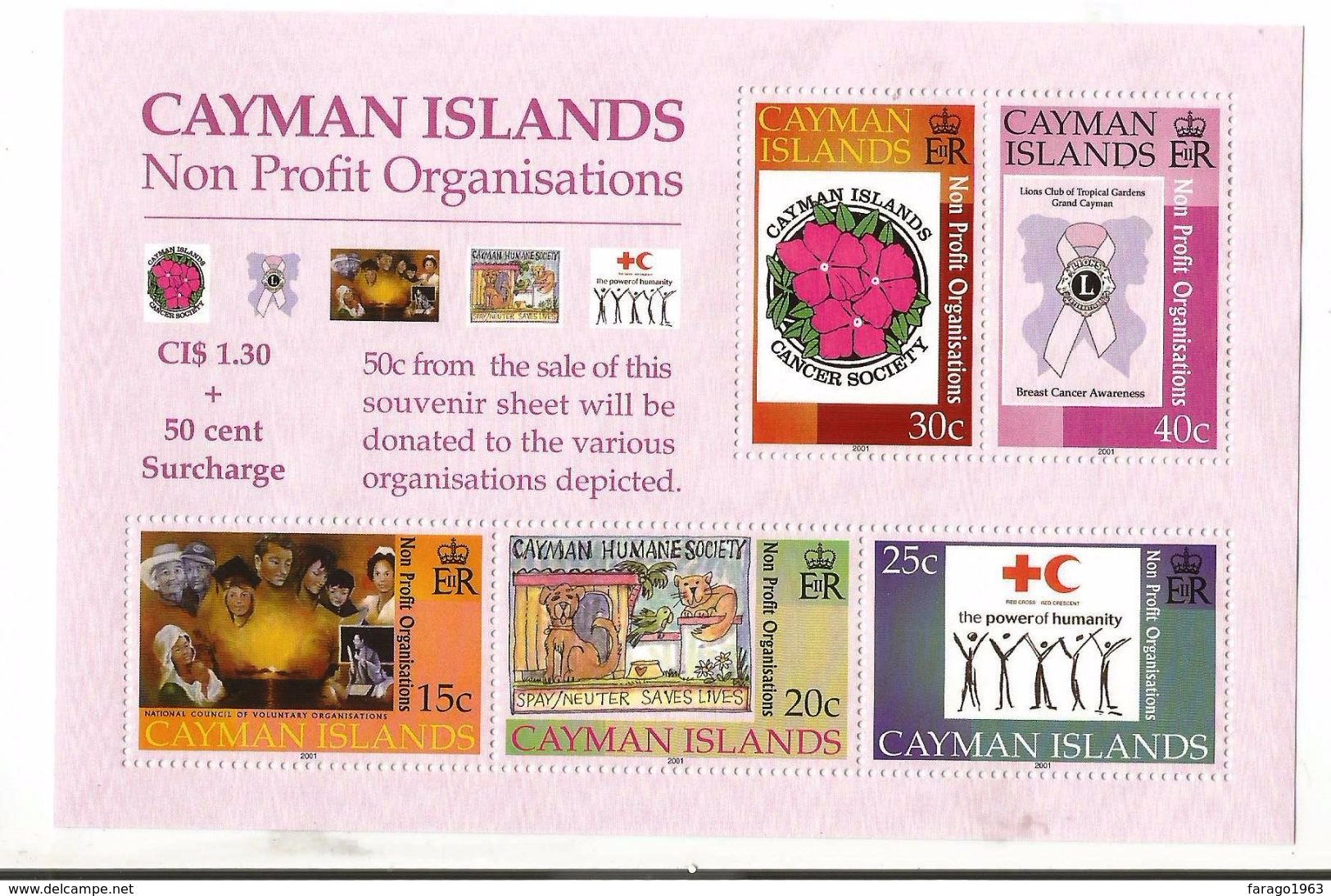 2001 Cayman Islands NGO's Red Cross Cance Health Lions International  Complete Set Of 5 + Souvenir Sheets  MNH - Iles Caïmans