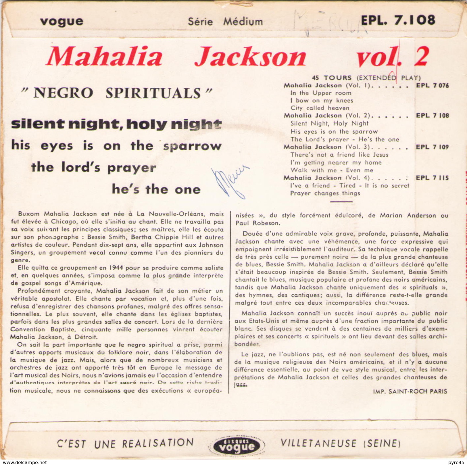 45 TOURS MAHALIA JACKSON VOGUE 7108 SILENT NIGHT HOLY NIGHT / HIS EYES IN ON THE SPARROW / THE LORD S PRAYER +1 - Canciones Religiosas Y  Gospels