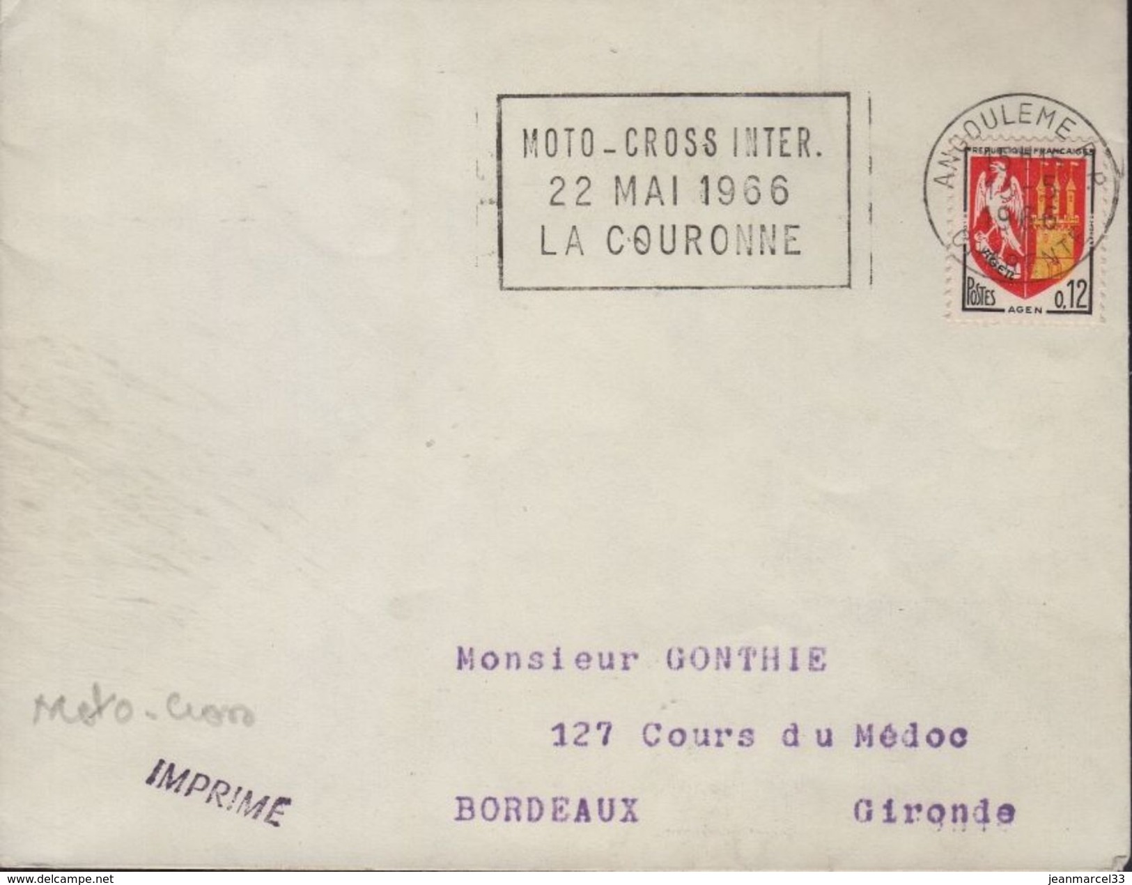 Lettre Moto NC Angouleme RP 13-5 1966 =o " Moto-Cross Inter. 22 Mai 1966 La Couronne " - Motorbikes