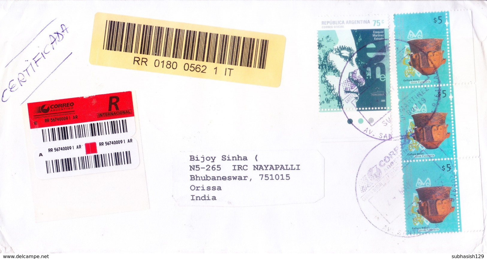 ARGENTINA REGISTERED COMMERCIAL COVER 2006 - BOOKED FORM MATINEZ FOR INDIA - Covers & Documents