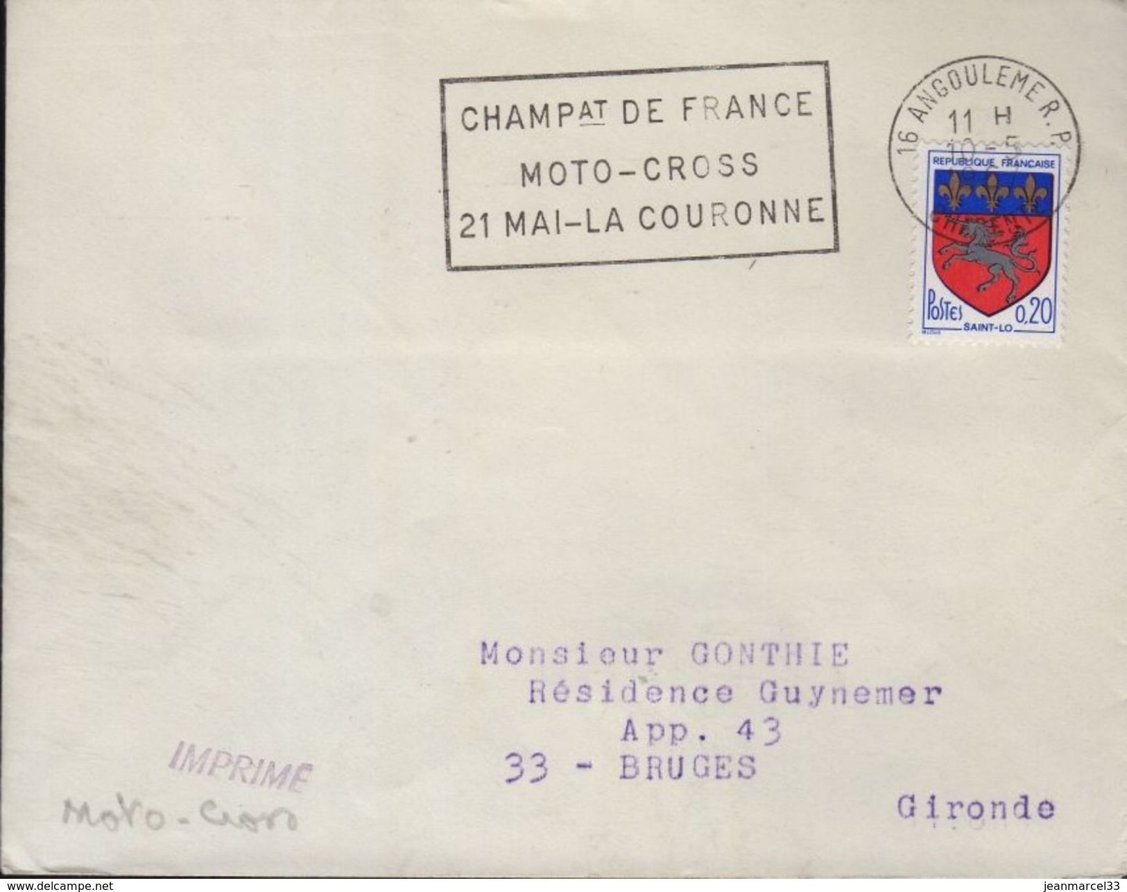 Lettre Moto 16 Angouleme RP 10-5 196 =o " Champat De France Moto-Cross  21 Mai- La Couronne " - Motorbikes