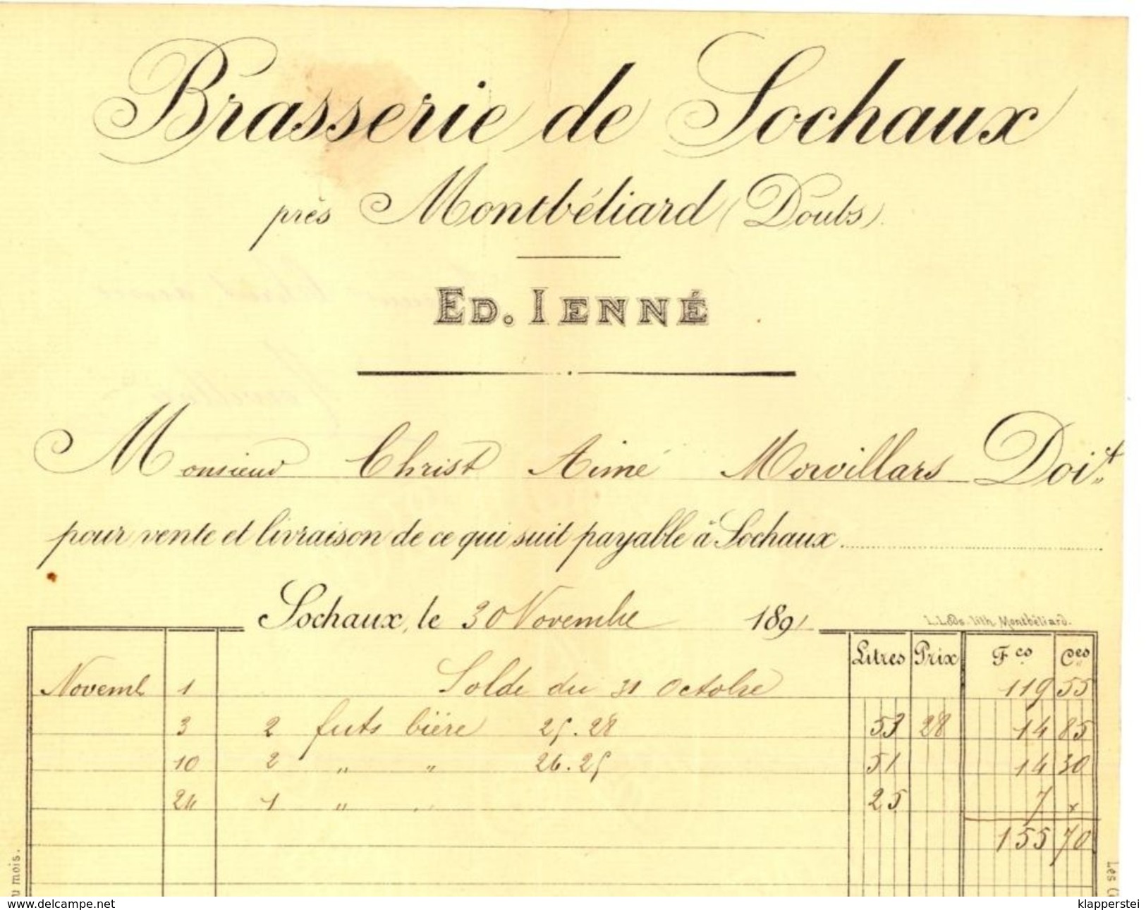 25 - Doubs - Montbéliard Facture 1891 BRASSERIE De SOCHAUX  Ets Ed. Ienné Biere à Christ Aimé Morvillars - Factures