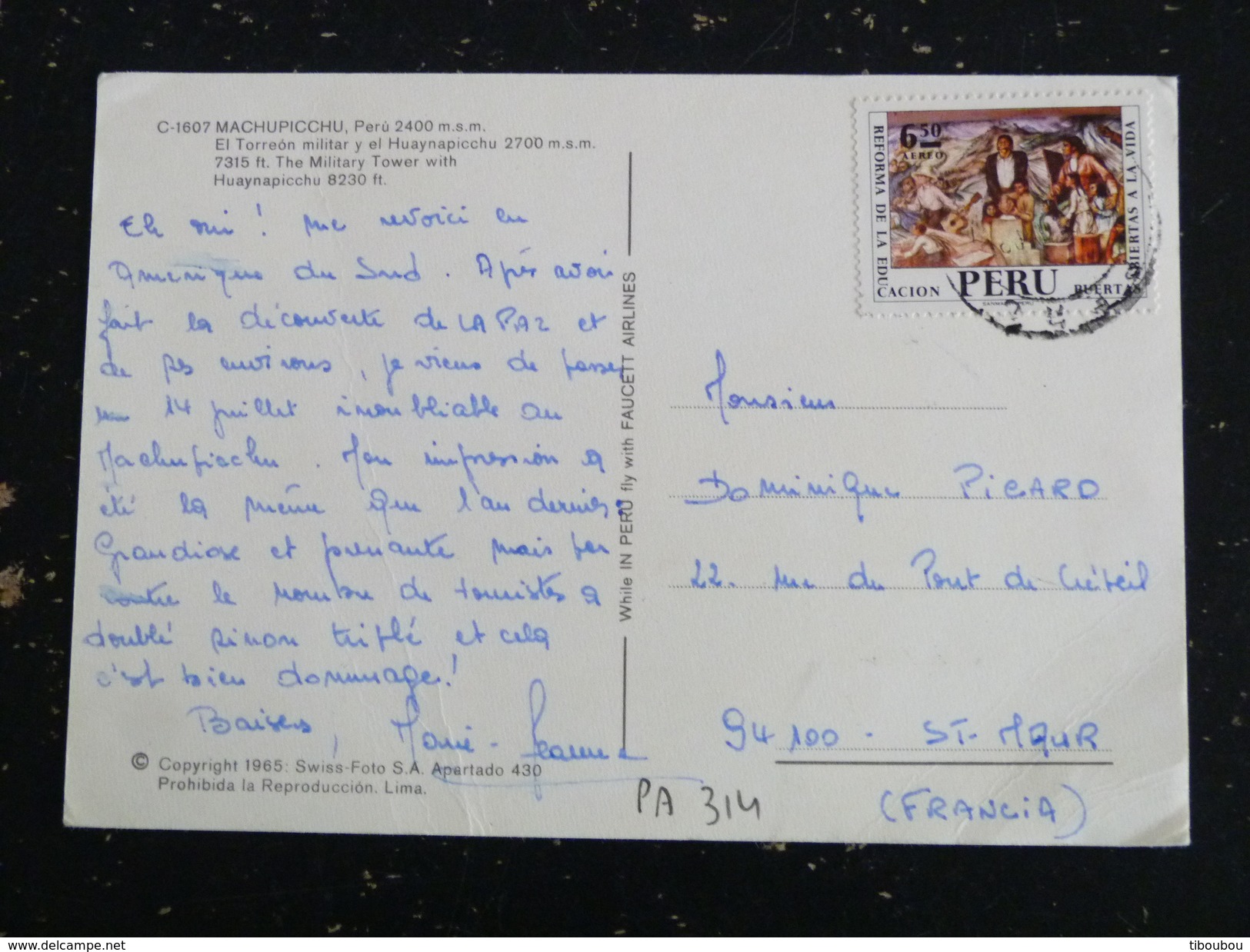 LETTRE PEROU PERU AVEC YT PA 314 REFORME EDUCATIVE - CPM MACCHU PICCHU TOUR MILITAIRE - Peru