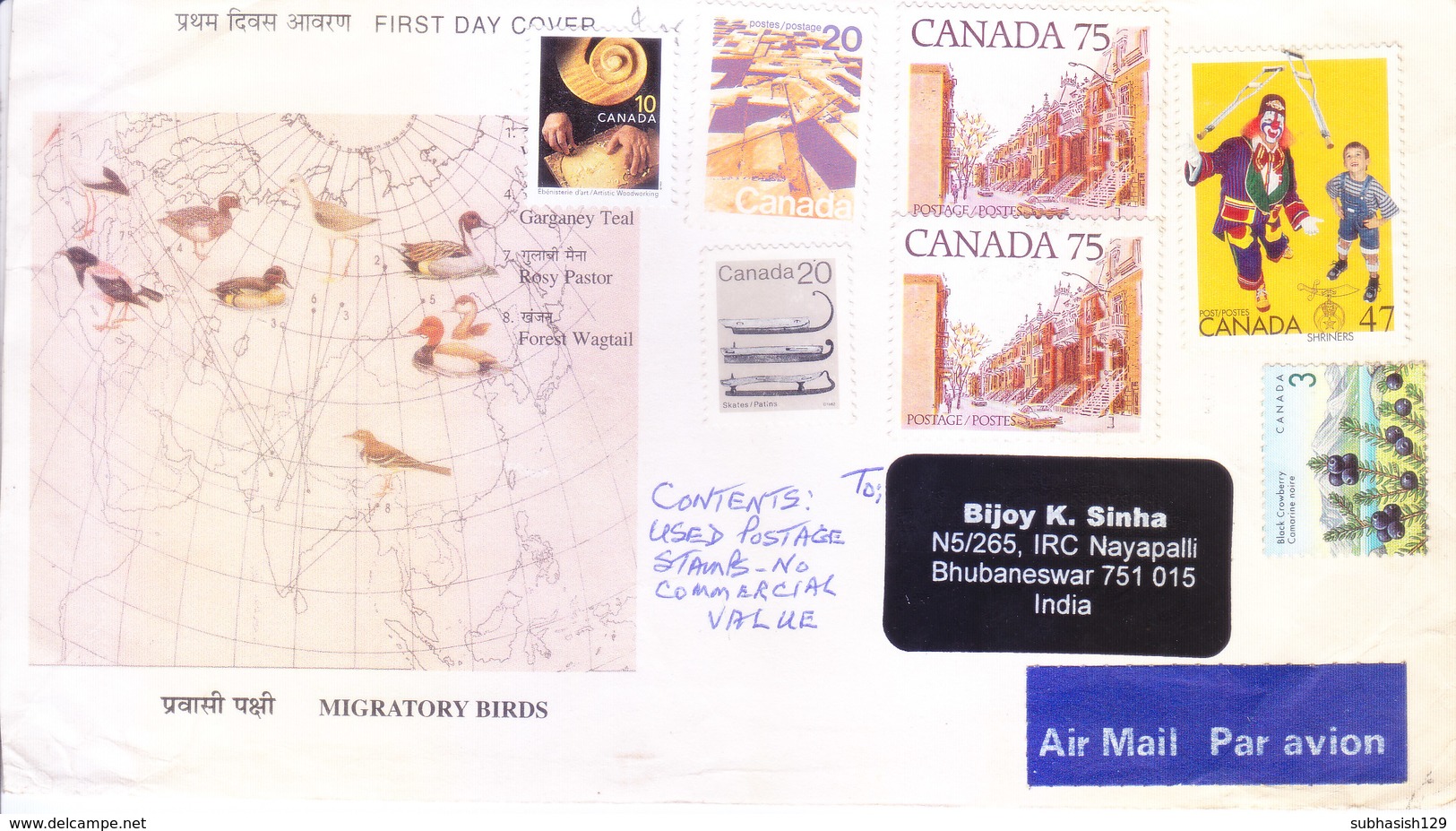 CANADA AIR MAIL COVER POSTED FOR INDIA - USE SEVERAL DIFFERENT COMMEMORATIVE STAMPS ON BLANK INDIAN FIRST DAY COVER - 1953-.... Reign Of Elizabeth II