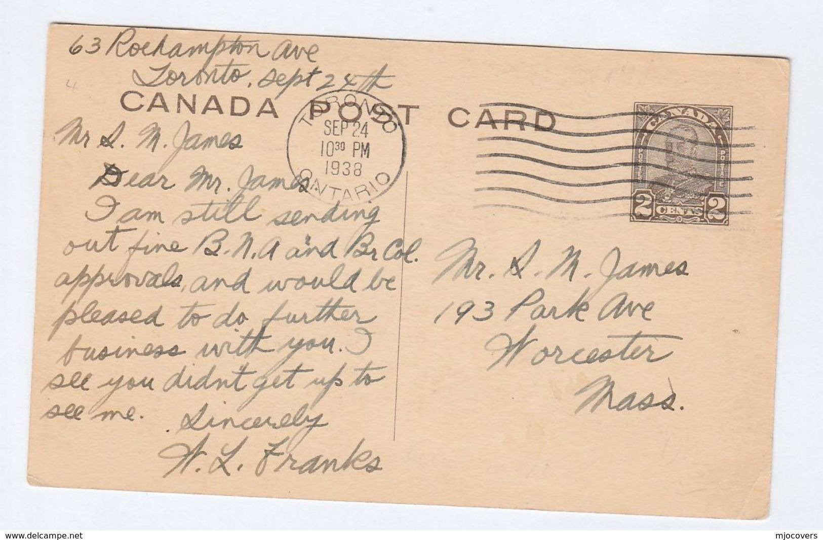 1938 CANADA GV 2c STATIONERY VIEW Illus FREDERICTON LEGISLATIVE BUILDING Postal Card  To USA Cover Stamps - 1903-1954 Kings