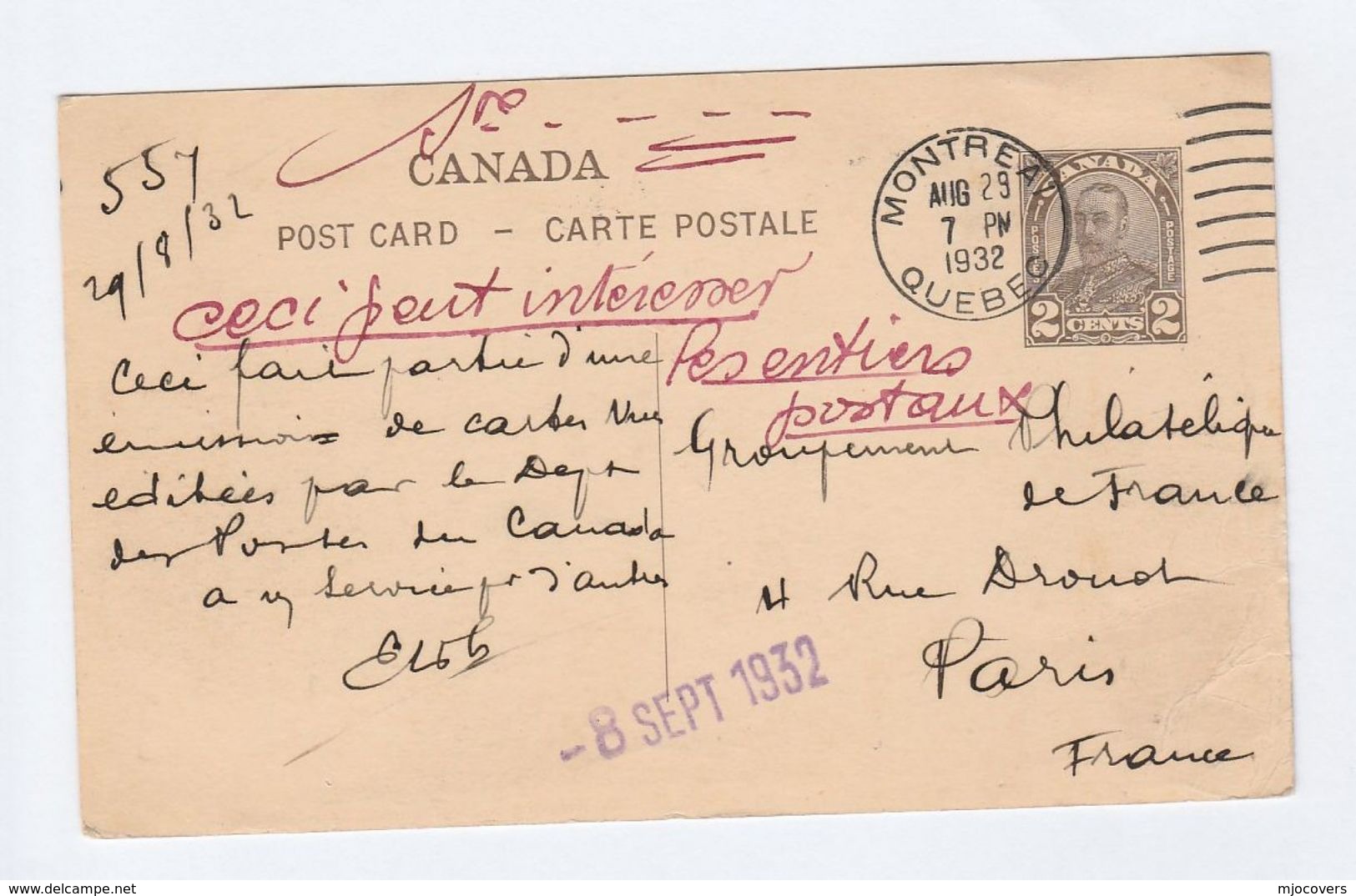 1932 CANADA GV 2c STATIONERY VIEW Illus MONTREAL FROM MT ROYAL LOOKING SOUTH  Postal Card  To FRANCE Cover Stamps - 1903-1954 Kings