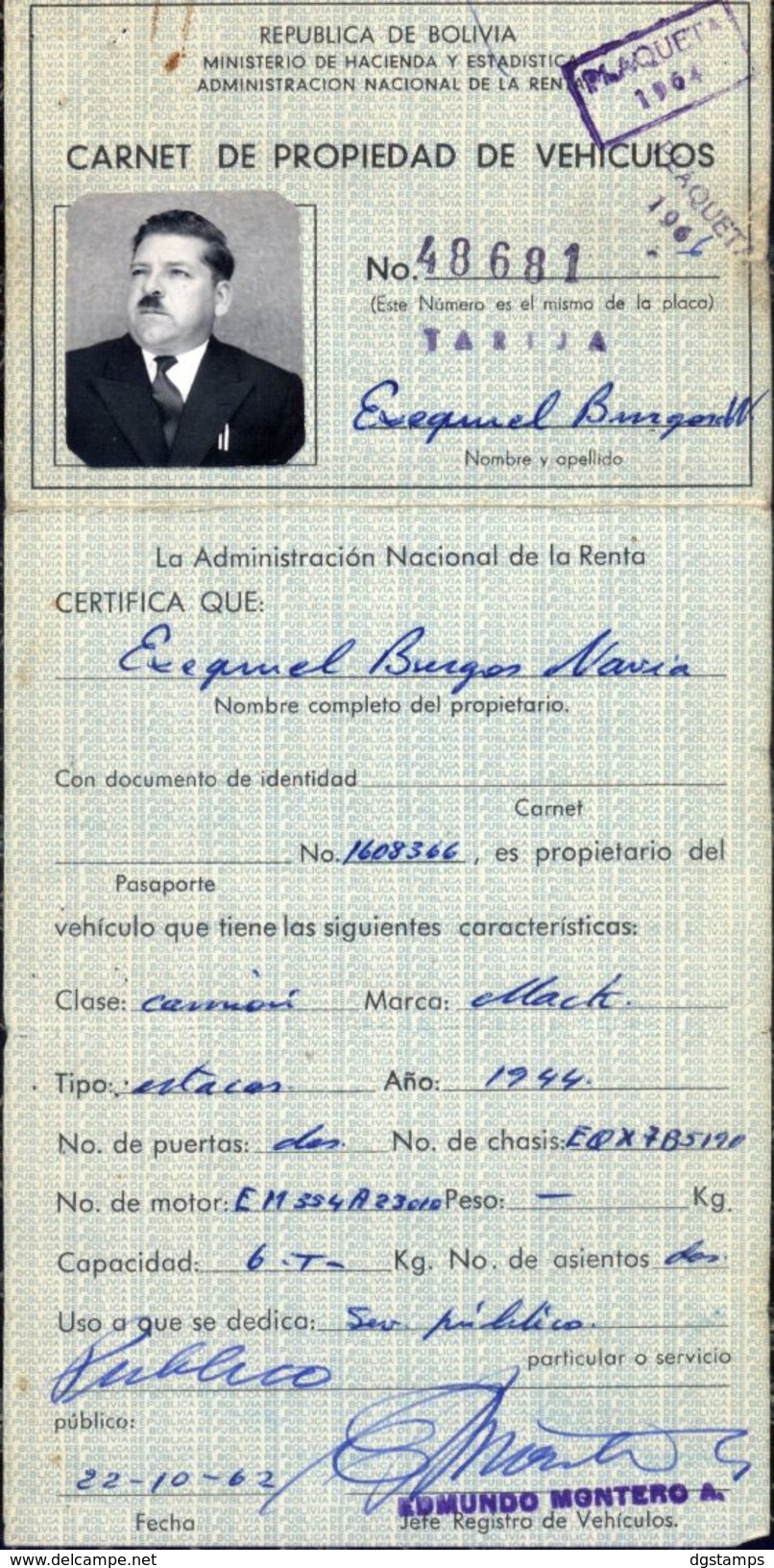 Bolivia 1962. Carnet De Propiedad De Vehiculos. Patentes. CARD OF PROPERTY OF VEHICLES # 48681. PATENT REGISTRATION - Automobilismo