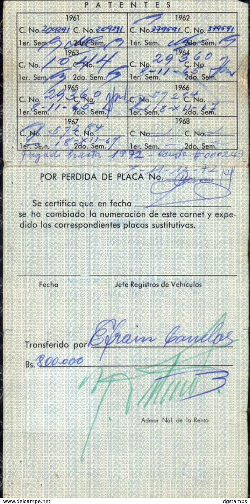 Bolivia 1962. Carnet De Propiedad De Vehiculos. Patentes. CARD OF PROPERTY OF VEHICLES # 48681. PATENT REGISTRATION - Cars