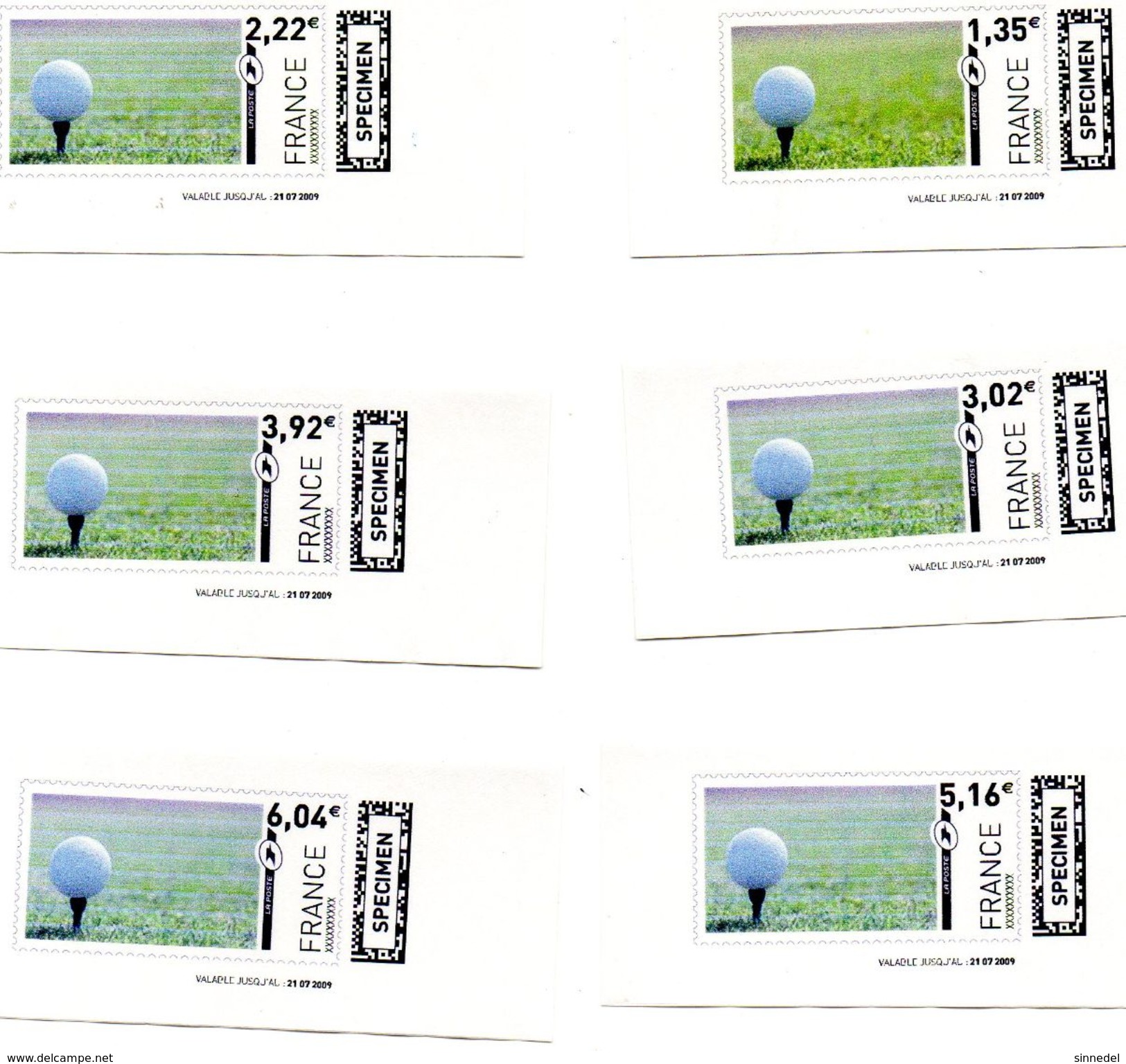 Serie De 6 Tarifs 2009 Timbres Specimens Mon Timbre En Ligne Autocollant Theme Sport Golf - Timbres à Imprimer (Montimbrenligne)