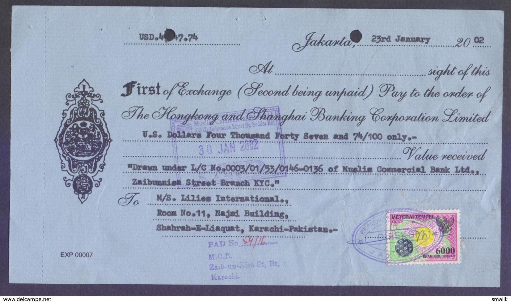 Bill Of Exchange Document From INDONESIA, Used 2002 With Hologram Revenue Stamp - Indonesia