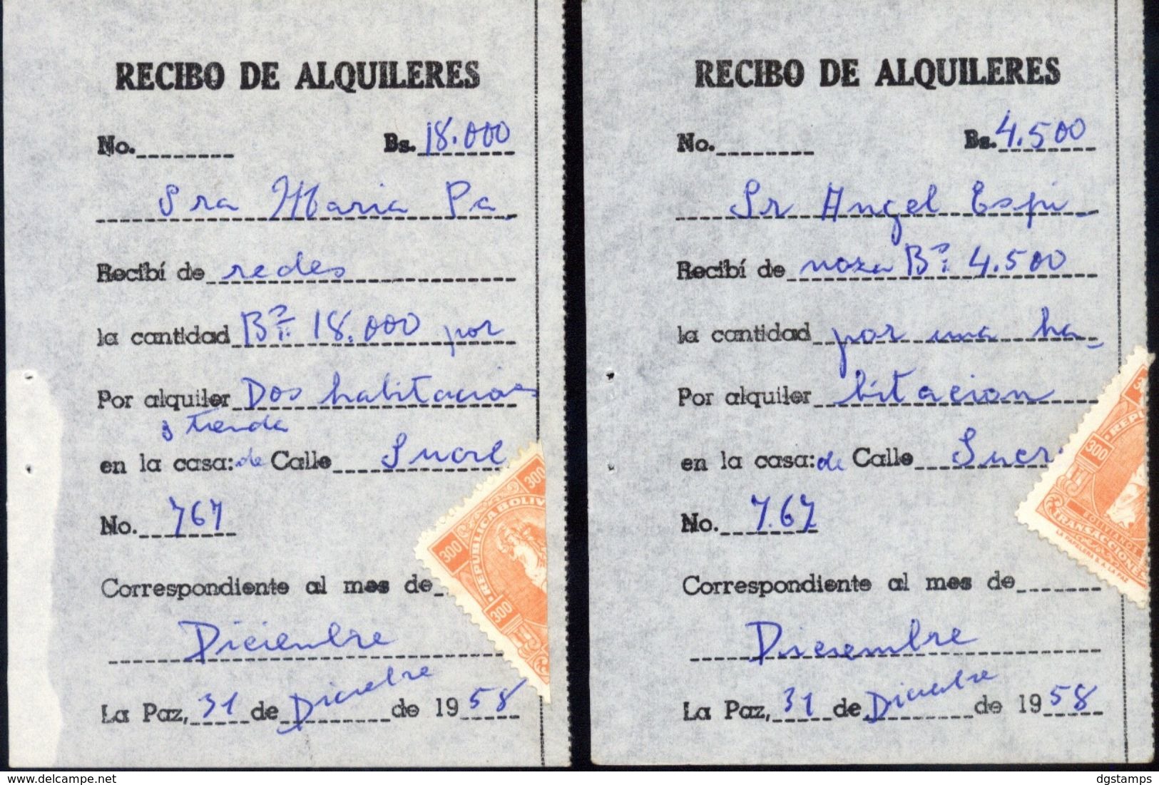 Bolivia 1958 H&A #114 Bs300. 2 MITADES. Recibos De Alquiler. See Desc. - Bolivia