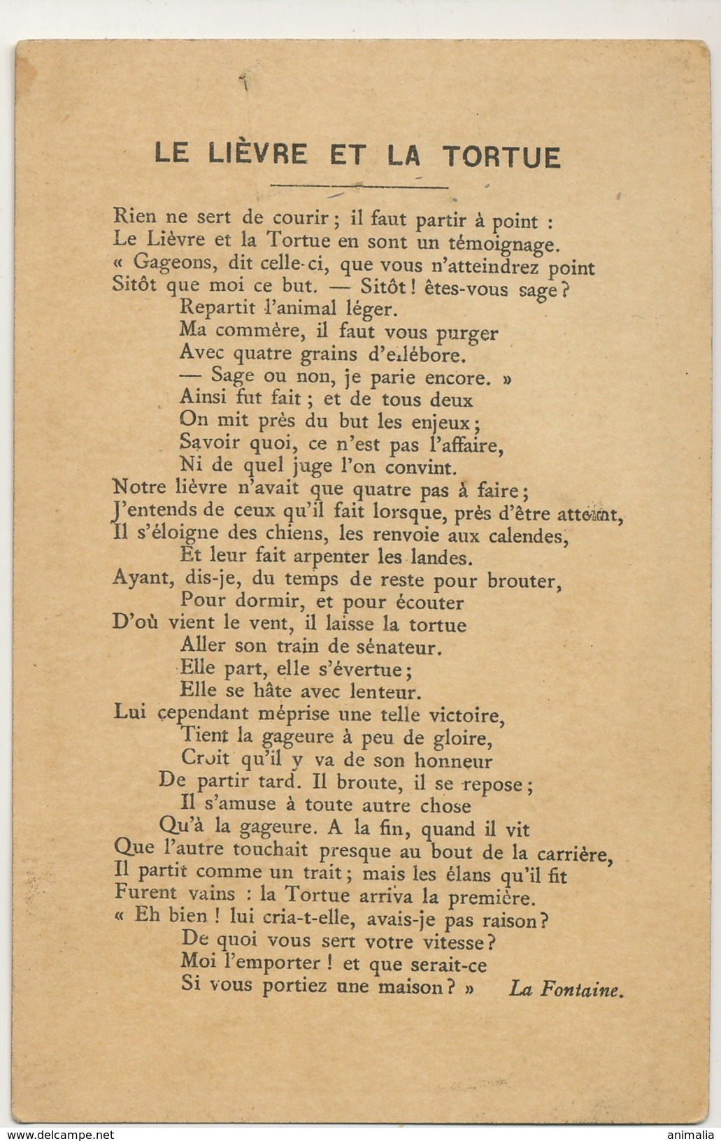 Chromo 7cms/11 Cms Fable La Fontaine Le Lievre Et La Tortue Infirme Cul De Jatte Avec Fer A Repasser Iron - Schildpadden