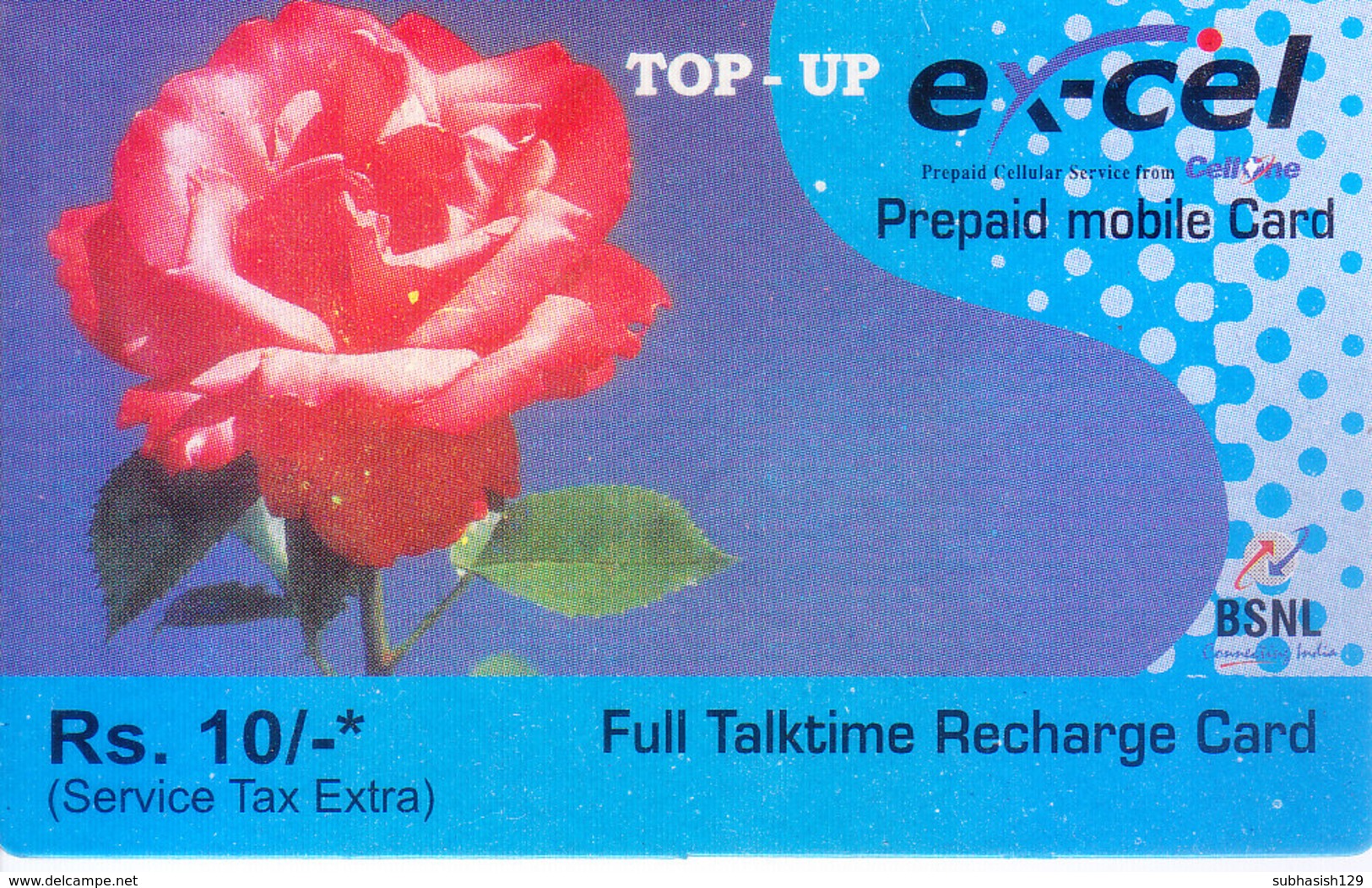 MOBILE / TELEPHONE CARD, INDIA - BSNL, EXCEL, RS. 10 PREPAID MOBILE FULL TALKTIME RECHARGE CARD - Other & Unclassified