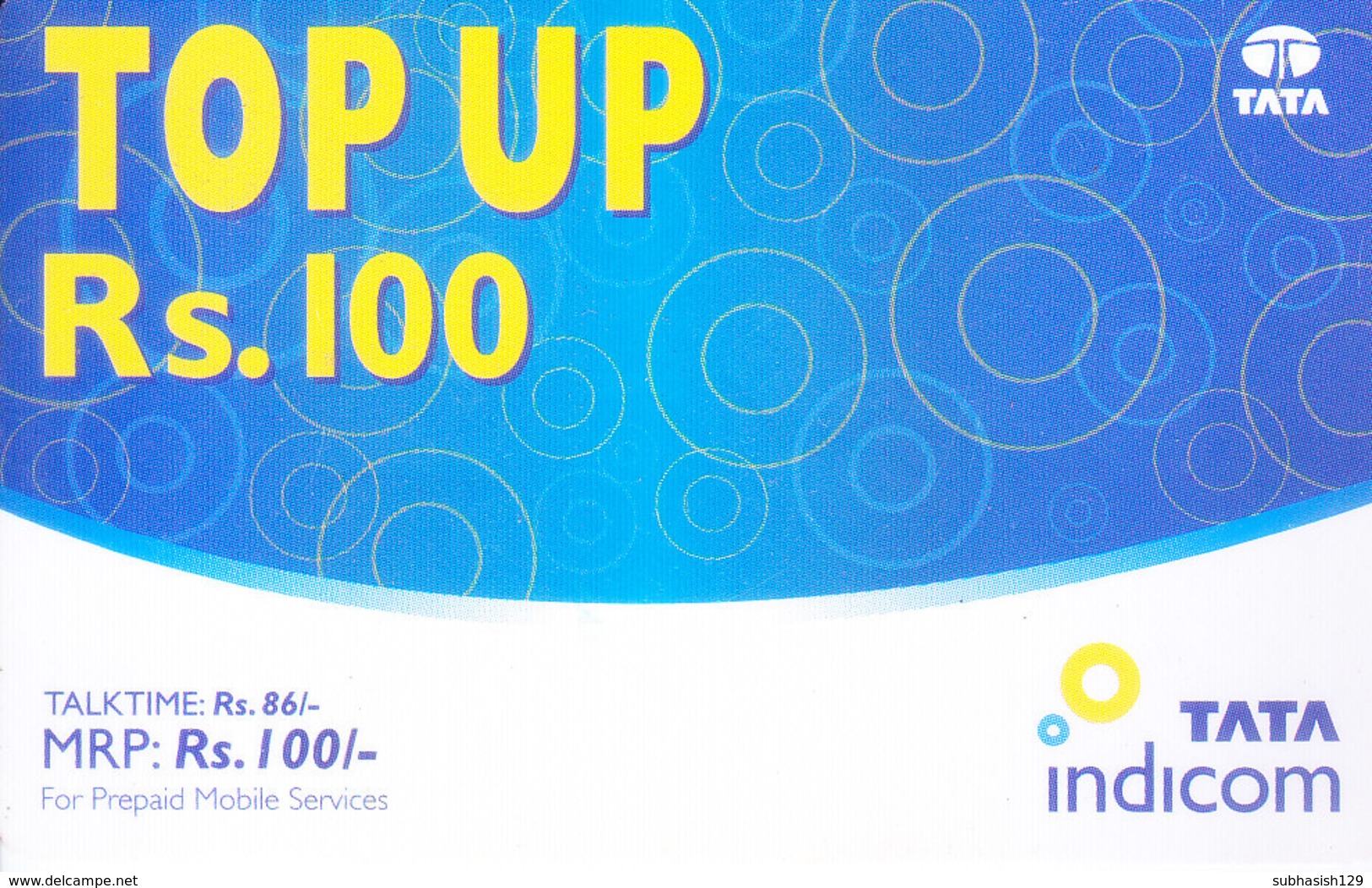 MOBILE / TELEPHONE CARD, INDIA - TATA INDICOM PREPAID MOBILE CARD RS. 100 TOP UP - Other & Unclassified