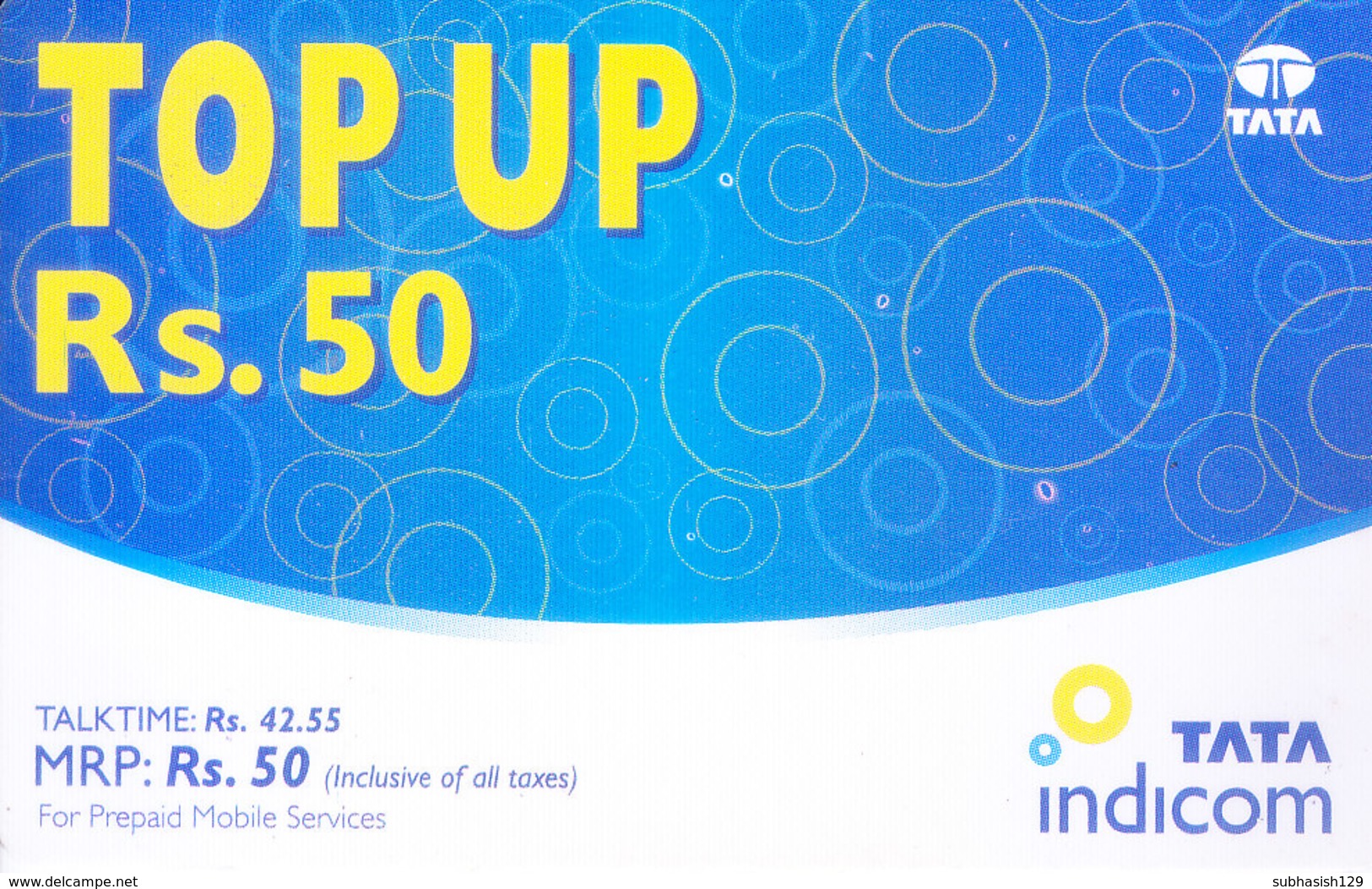 MOBILE / TELEPHONE CARD, INDIA - TATA INDICOM PREPAID MOBILE CARD RS. 50 TOP UP - Other & Unclassified