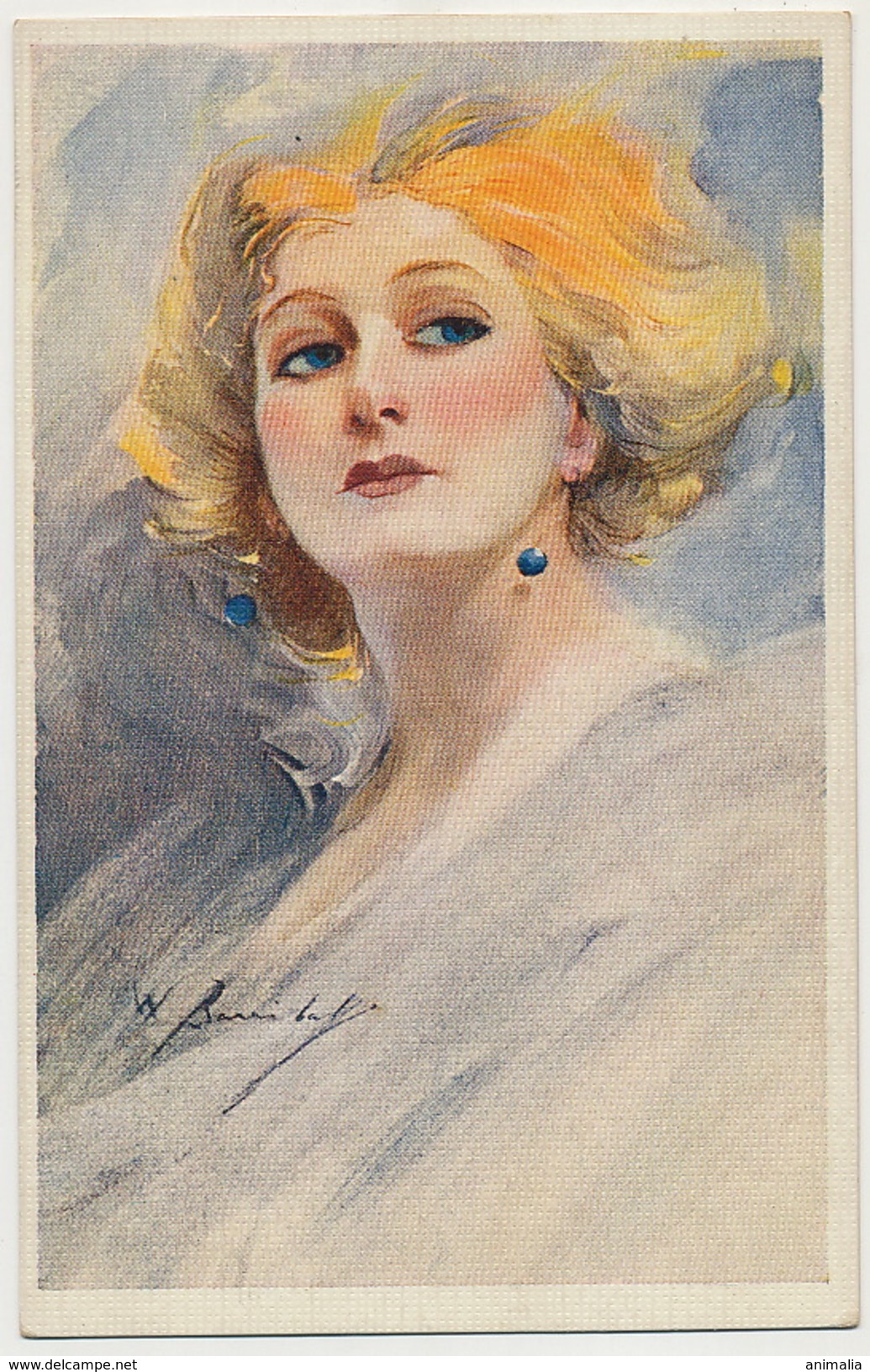 Art Nouveau Belle Femme Blonde Avec Boucle Oreille Saphir Signée Barribal No 15645 - Barribal, W.