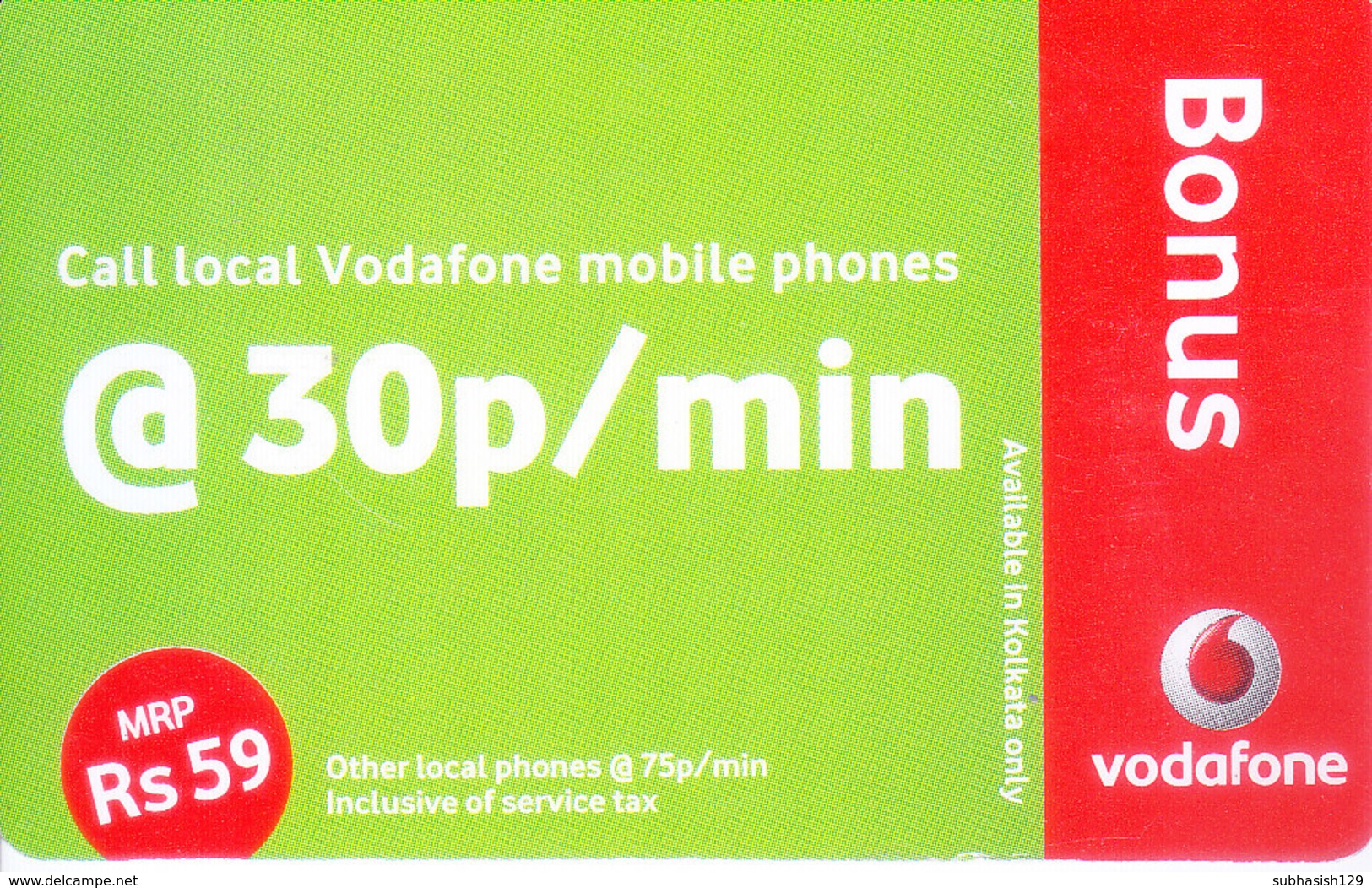 MOBILE / TELEPHONE CARD, INDIA - VODAFONE RS. 59 BONUS - Other & Unclassified