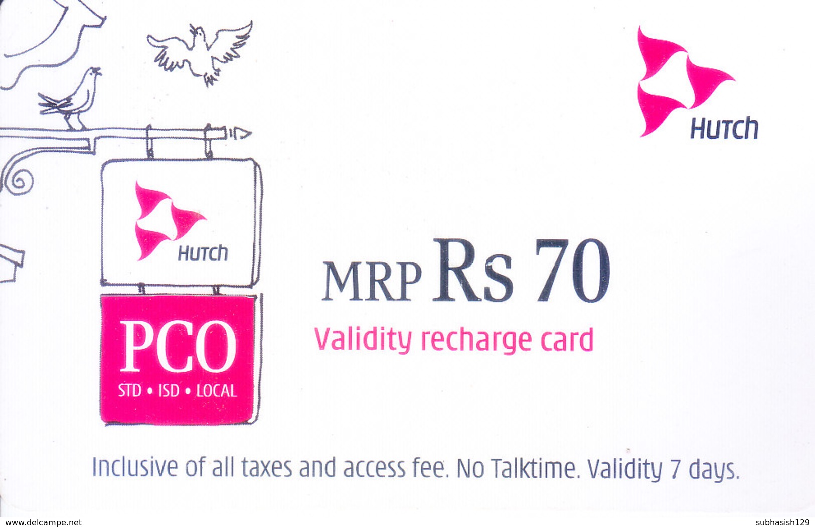 MOBILE / TELEPHONE CARD, INDIA - HUTCH RS. 70 VALIDITY RECHARGE CARD - Autres & Non Classés