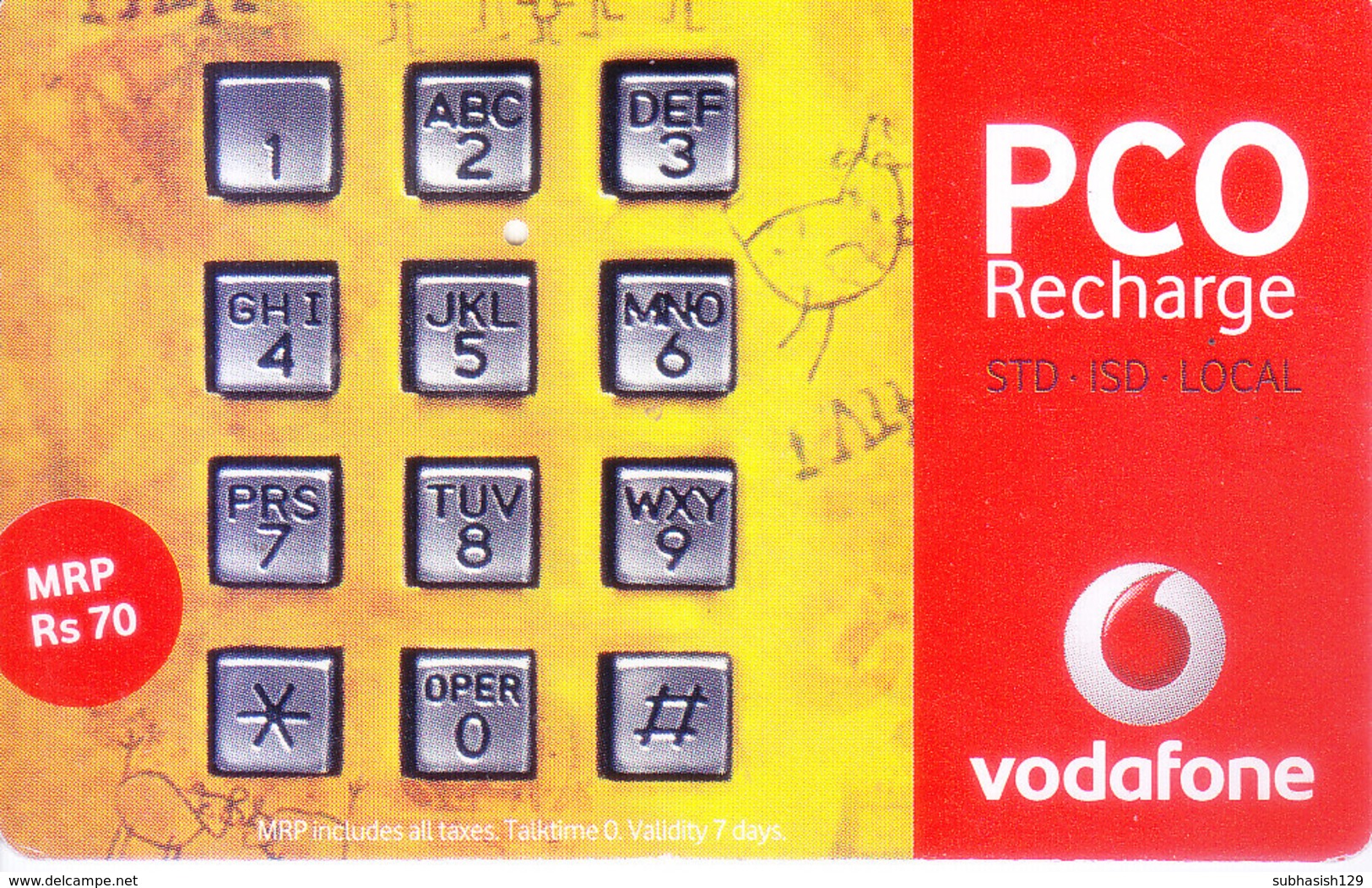 MOBILE / TELEPHONE CARD, INDIA - VODAFONE RS. 70 PCO RECHARGE CARD - Autres & Non Classés