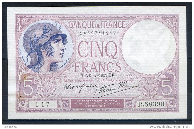 509-Billet De 5 Francs 1939 TF R58390 Spl - 5 F 1917-1940 ''Violet''