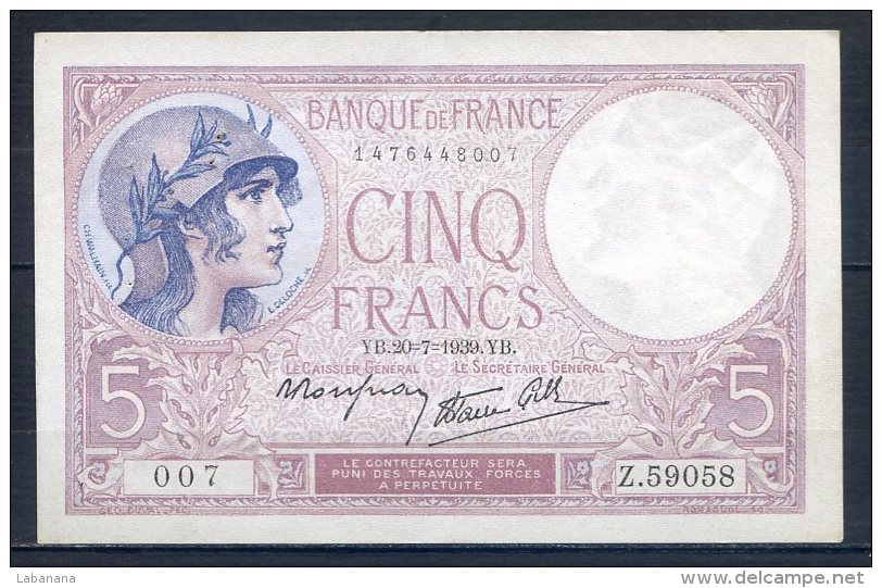 509-Billet De 5 Francs 1939 YB Z59058 - 5 F 1917-1940 ''Violet''