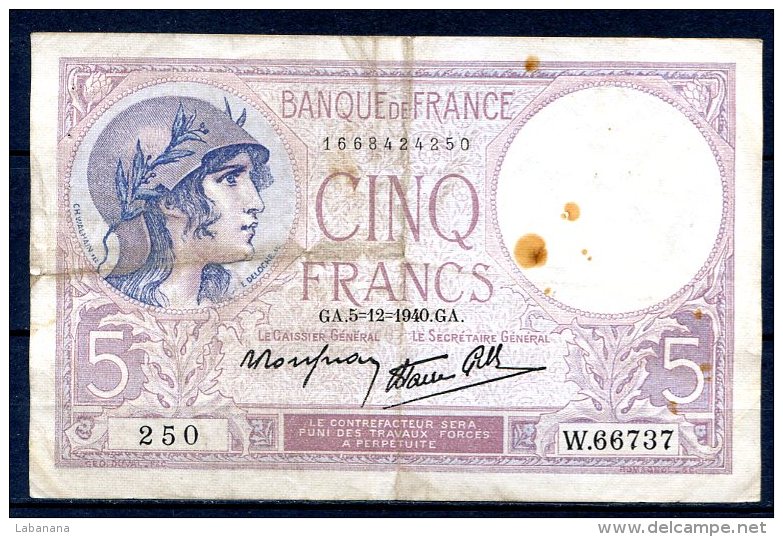 509-Billet De 5 Francs 1940 GA W66737 - 5 F 1917-1940 ''Violet''