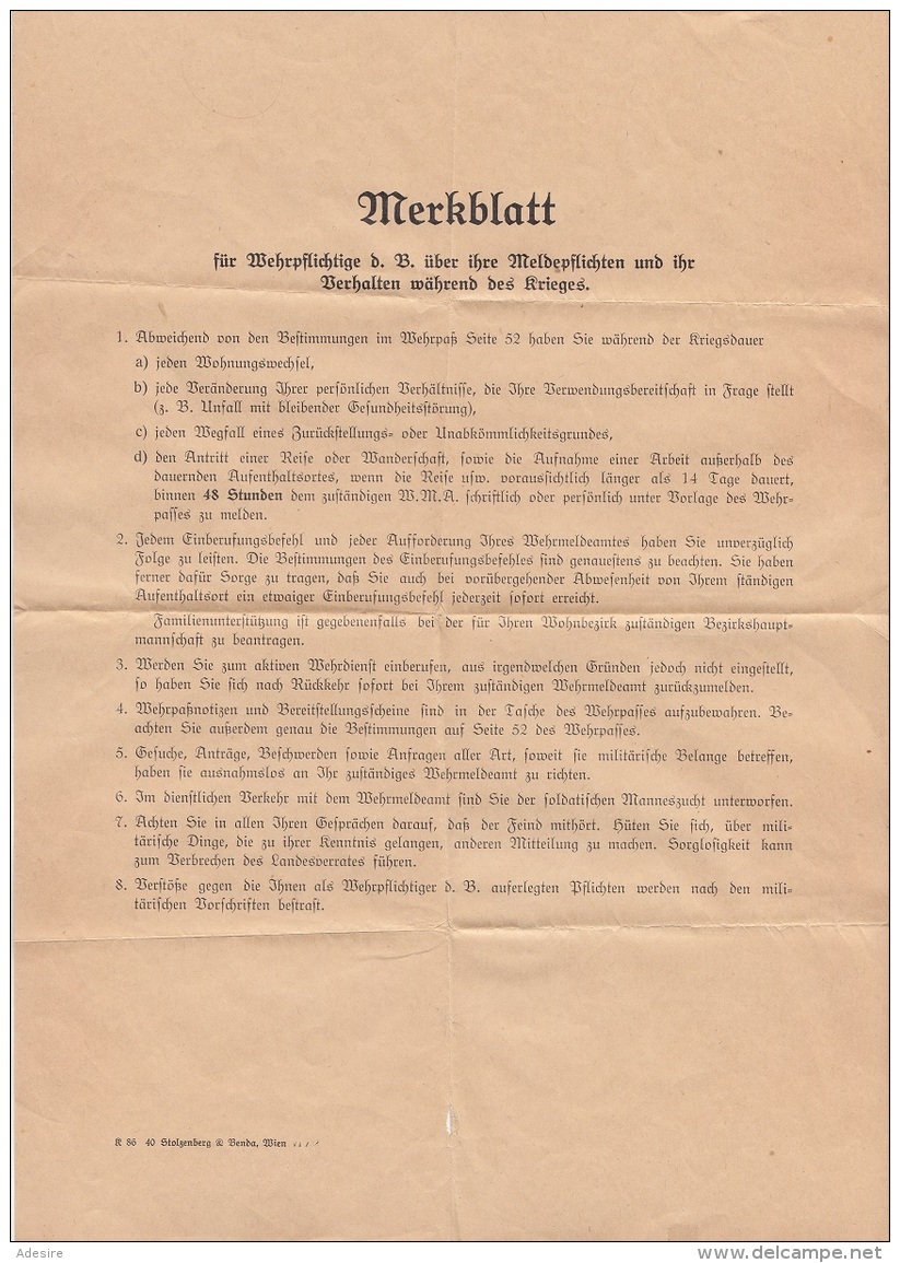 MERKBLATT Für Wehrpflichtige 194?, Verhalten Während Des Krieges - Historische Dokumente