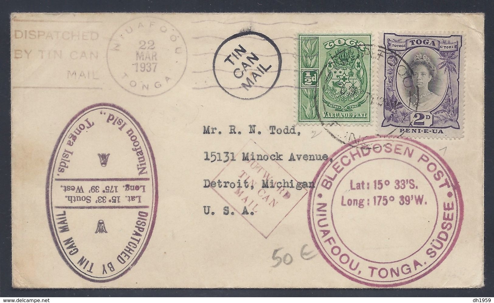 1937 TOGA TONGA ISLANDS SÜDSEE COVER DISPATCHED BY TIN CAN MAIL OFFICE ISLAND NIUAFOOU BLECHDOSEN POST  COURRIER - Tonga (...-1970)