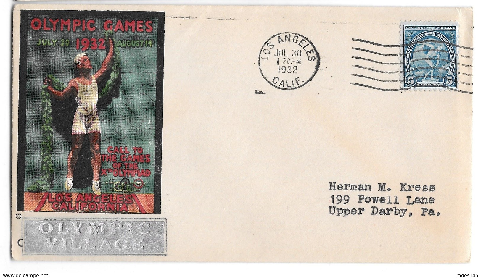 US 1932 Summer Olympics Opening Day Cover Olympic Village Silver Bar Sc 719 5c Cachet - Summer 1932: Los Angeles