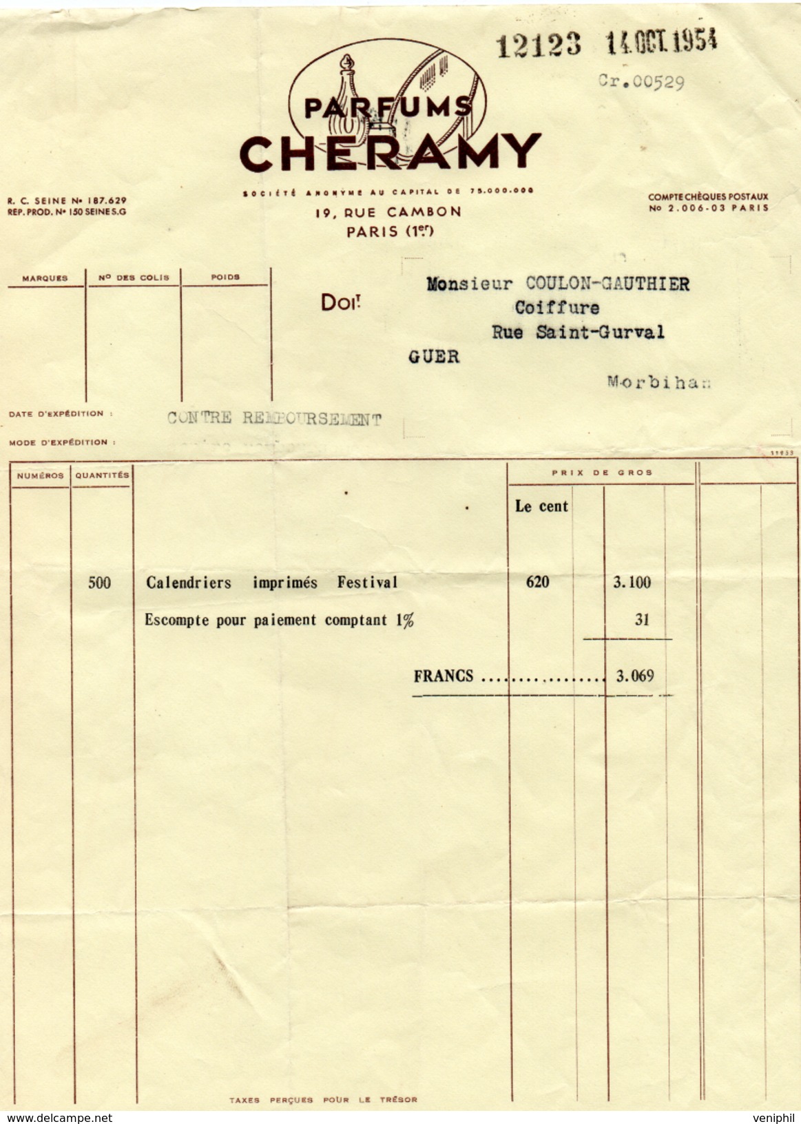 FACTURE PARFUMS CHERAMY - PARIS - ANNEE 1954 - Droguerie & Parfumerie