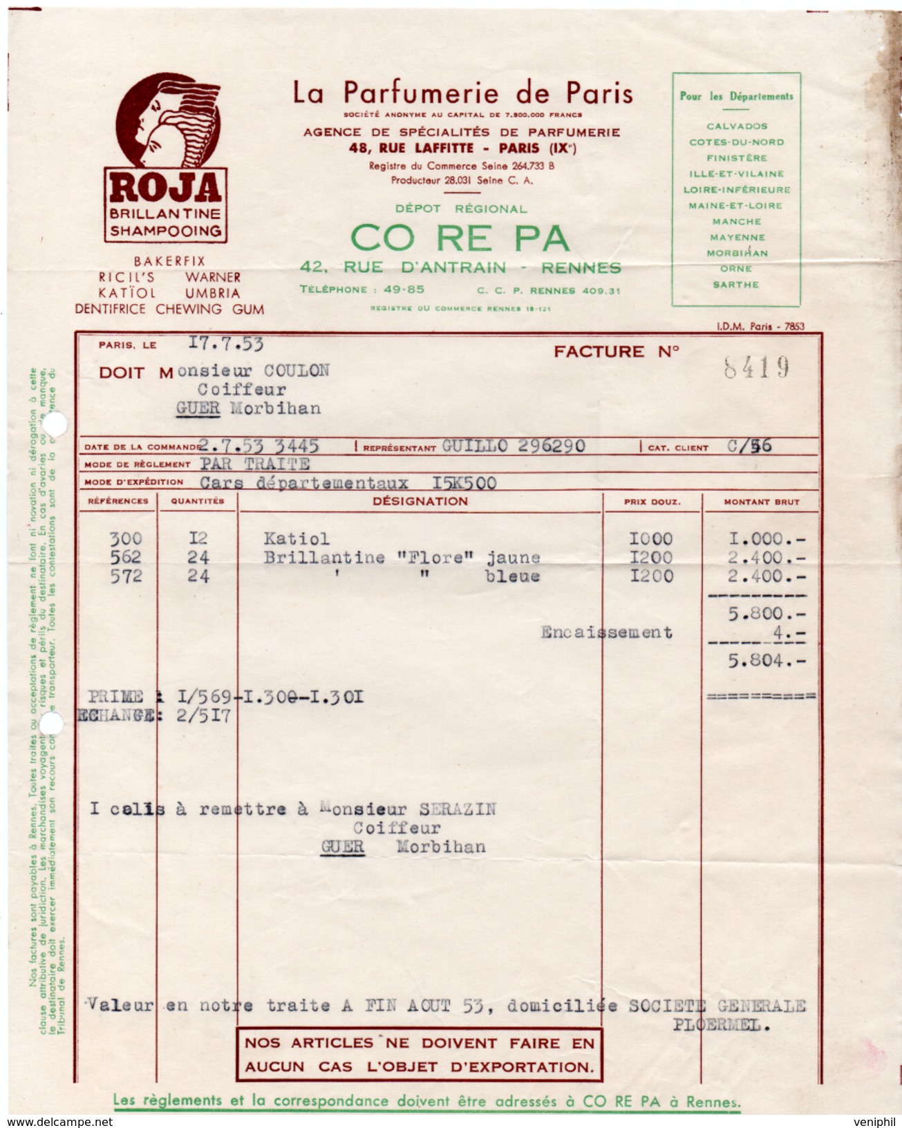 FACTURE  ROJA -LA PARFUMERIE DE PARIS - ANNEE 1953 - Drogisterij & Parfum