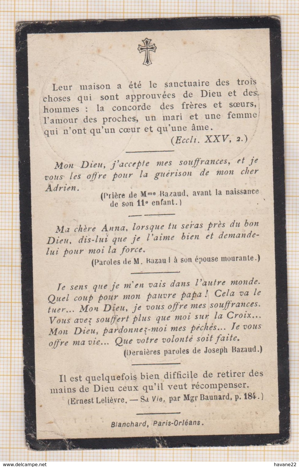 7AJ398  Image Pieuse MORTUAIRE FAMILLE BAZAUD BELLET 1906 ASNIERES ST VINCENT DE PAUL 2  SCANS - Devotion Images