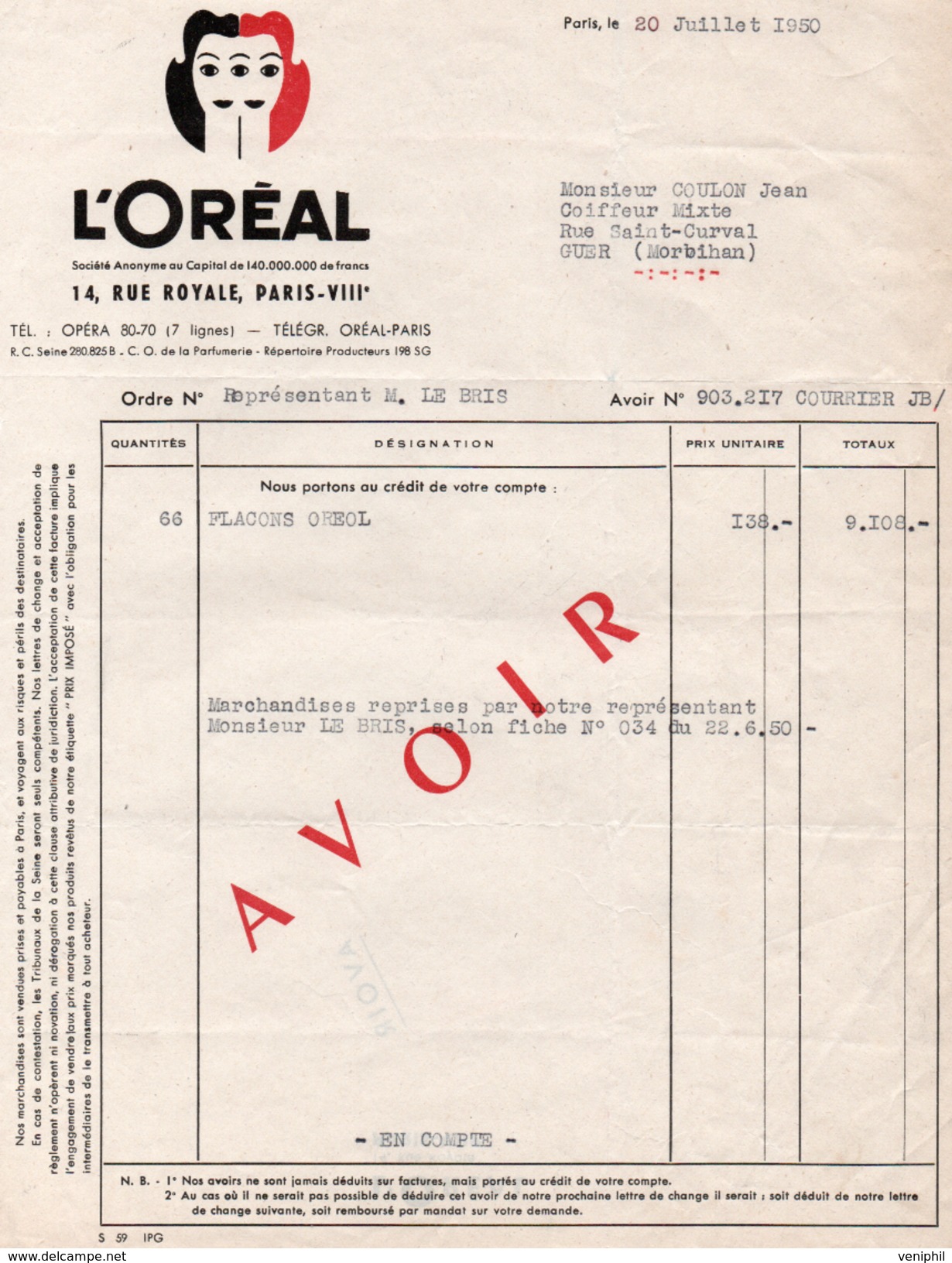 FACTURE  L'OREAL -PARIS -  ANNEE 1950 - Drogisterij & Parfum