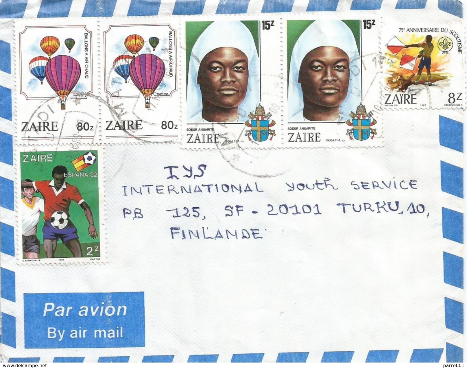 Zaire Congo 1989 Matadi 1 Code Letter D World Cup Football Spain 2Z Pope John Paul II Balloon Scouting Cover - Gebruikt