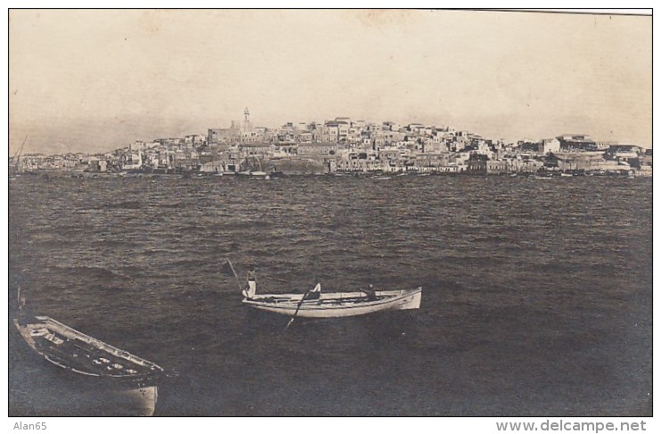 Israel City Haifa(?) Jaffa(?) Coast From Water, Boats View Of City &amp; Hillside, C1900s/10s Vintage Real Photo Post - Israel