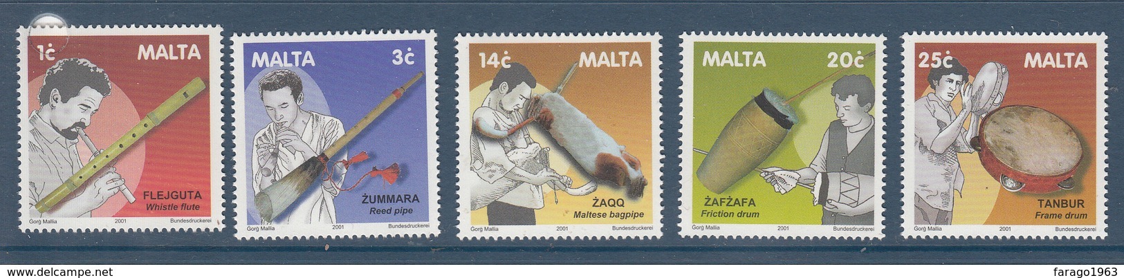 2001 Malta Music Musical Instruments Complete Set Of 5 MNH - Muziek