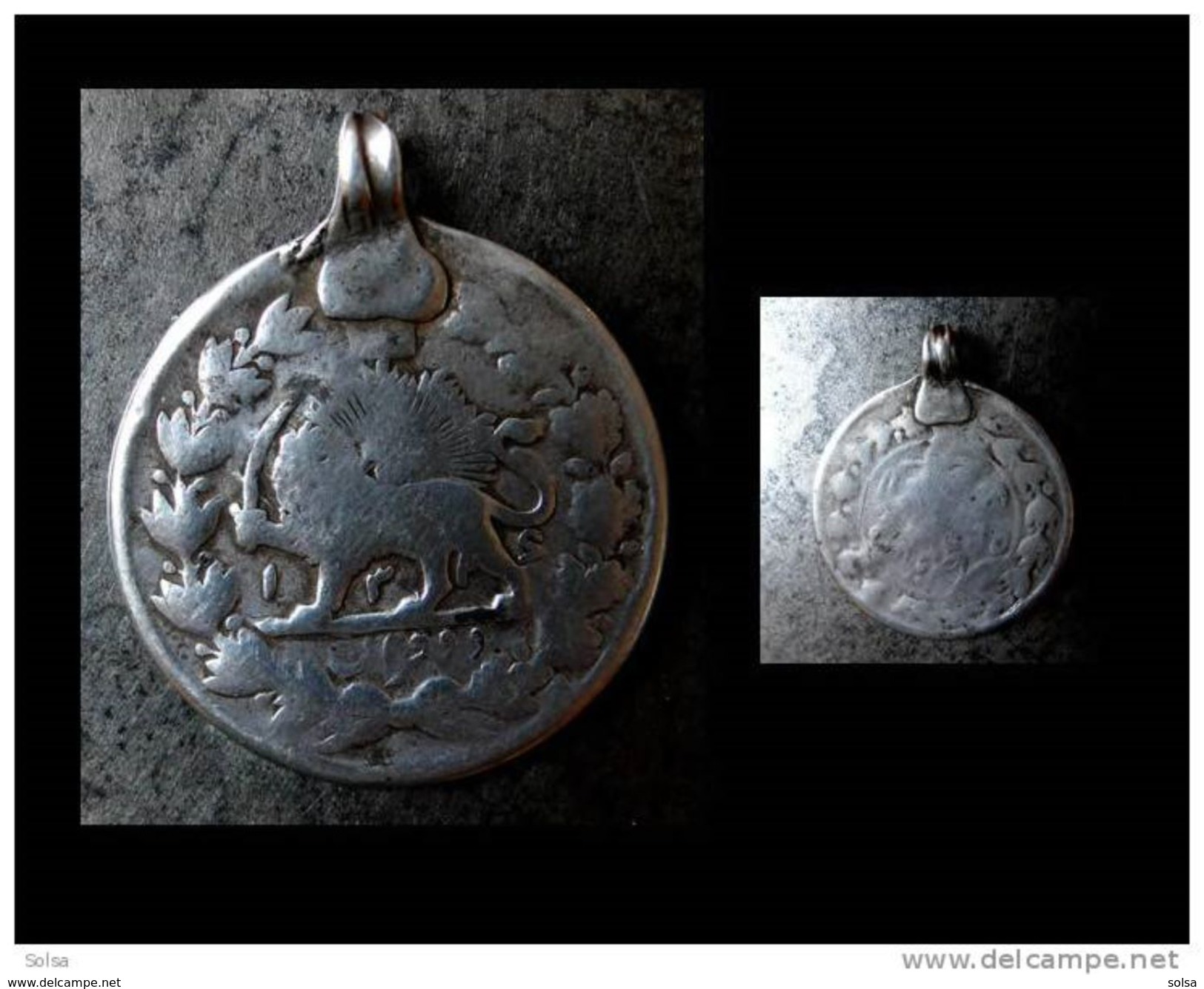 - Ancien Pendant Amulette Pièce Lion Ouzbekh  / Old Silver Coin Pendent From Uzbekistan - Archéologie