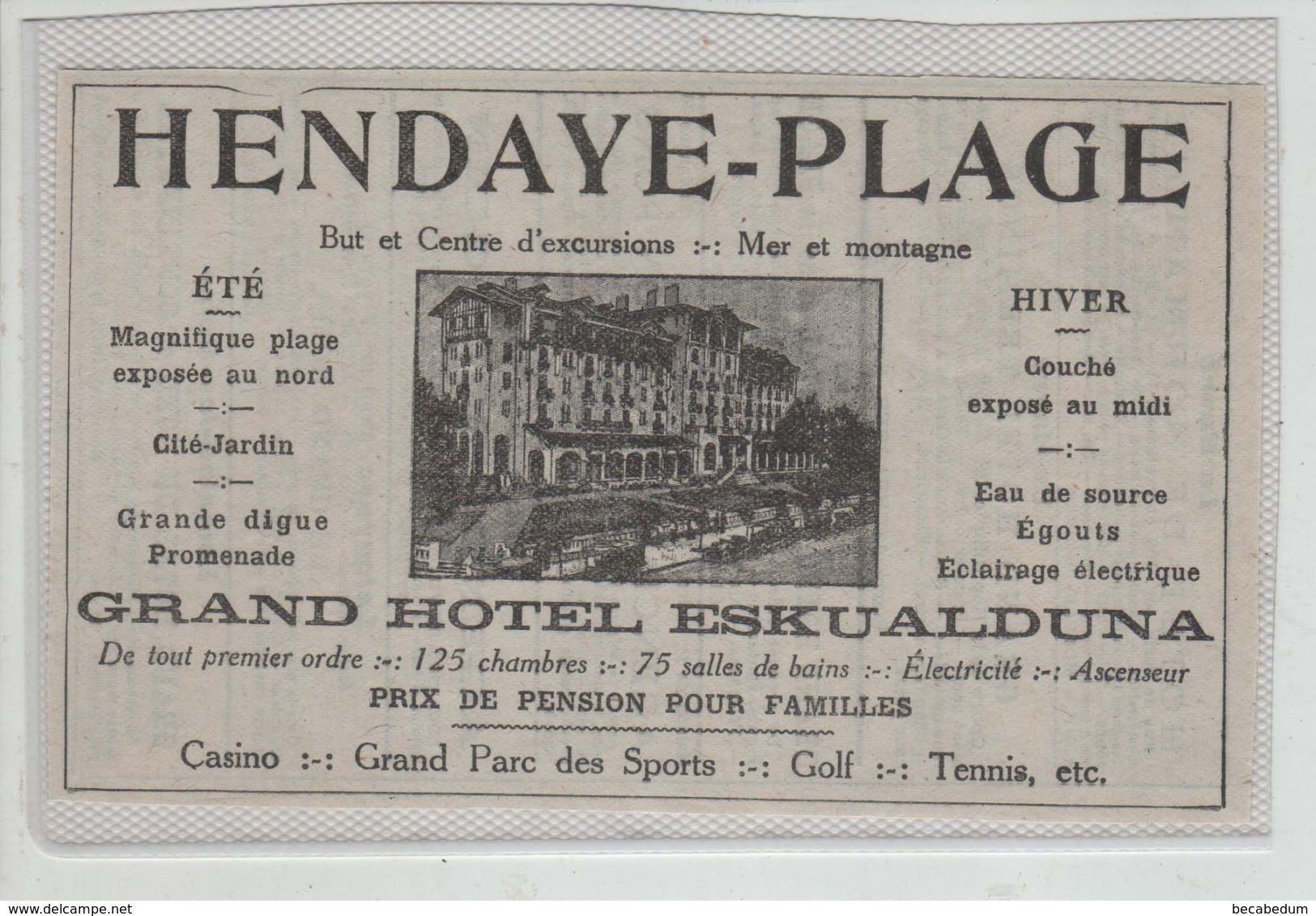 Publicité Hendaye Plage Grand Hôtel Eskualduna - Reclame