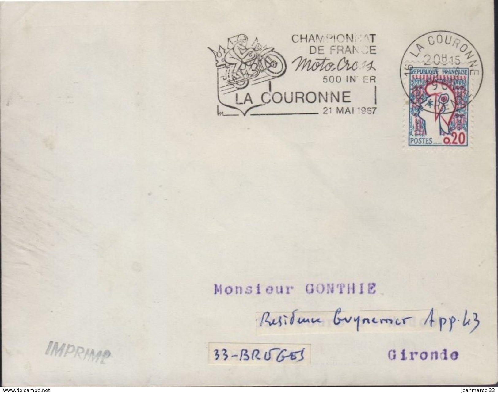 Lettre Moto 16 La Couronne 3-3 1967 Flamme =o " Championnat De France Moto-Cross 500 Inter....21 Mai 1967" - Motorbikes