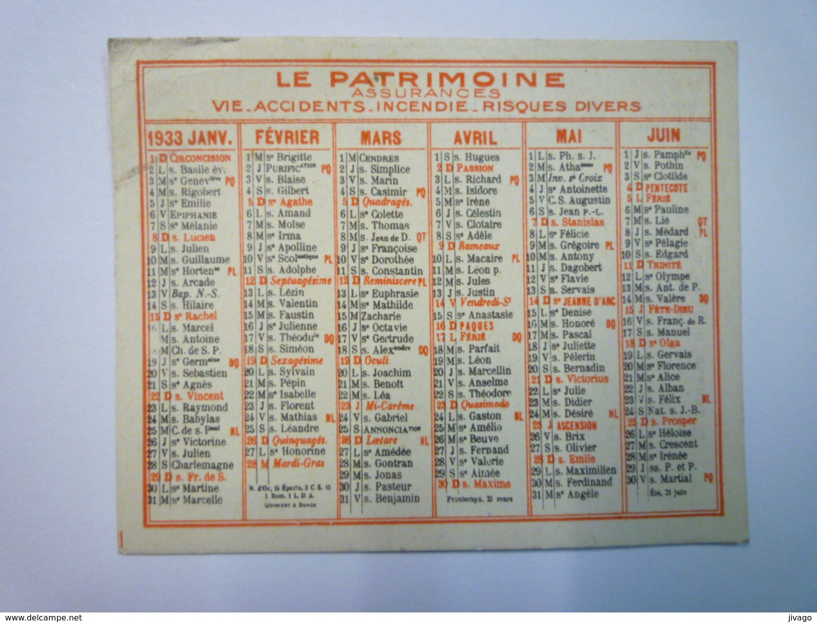 PETIT CALENDRIER  PUB  "LE PATRIMOINE"   1933    - Petit Format : 1921-40