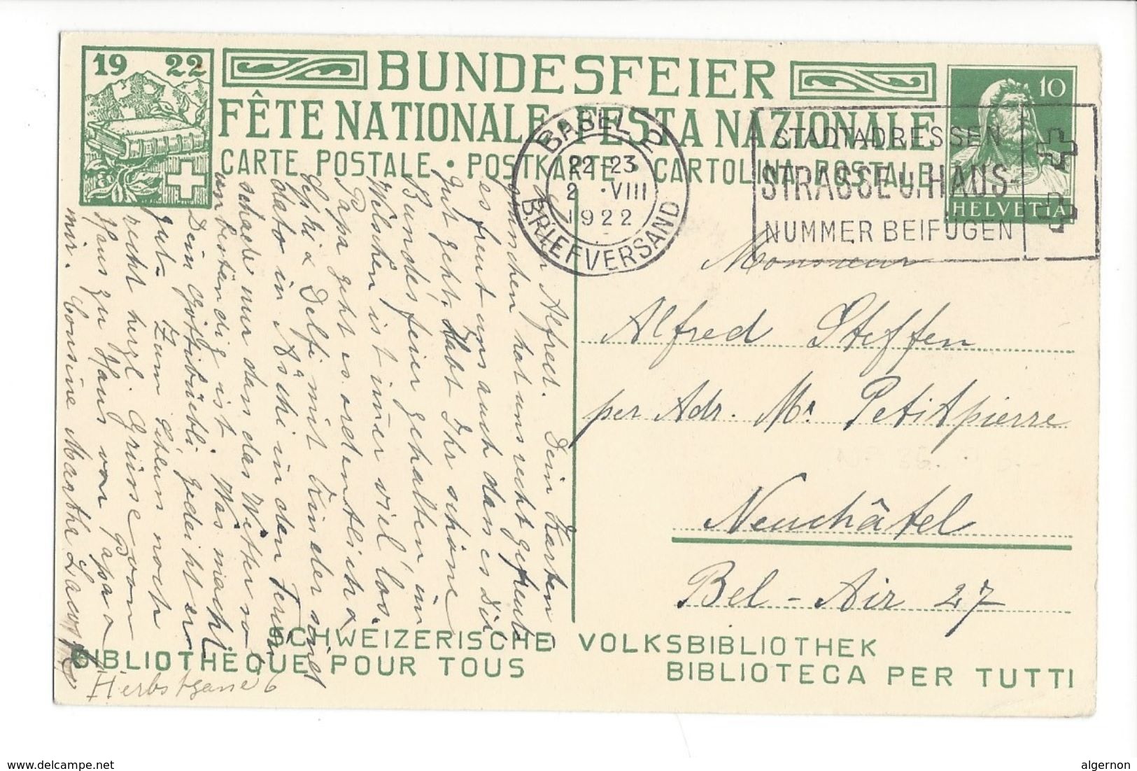 17282 - 1922 N° 36 Fête Nationale Bibliothéque Pour Tous Bundesfeier Cartolina De La Festa Nazionale - Interi Postali