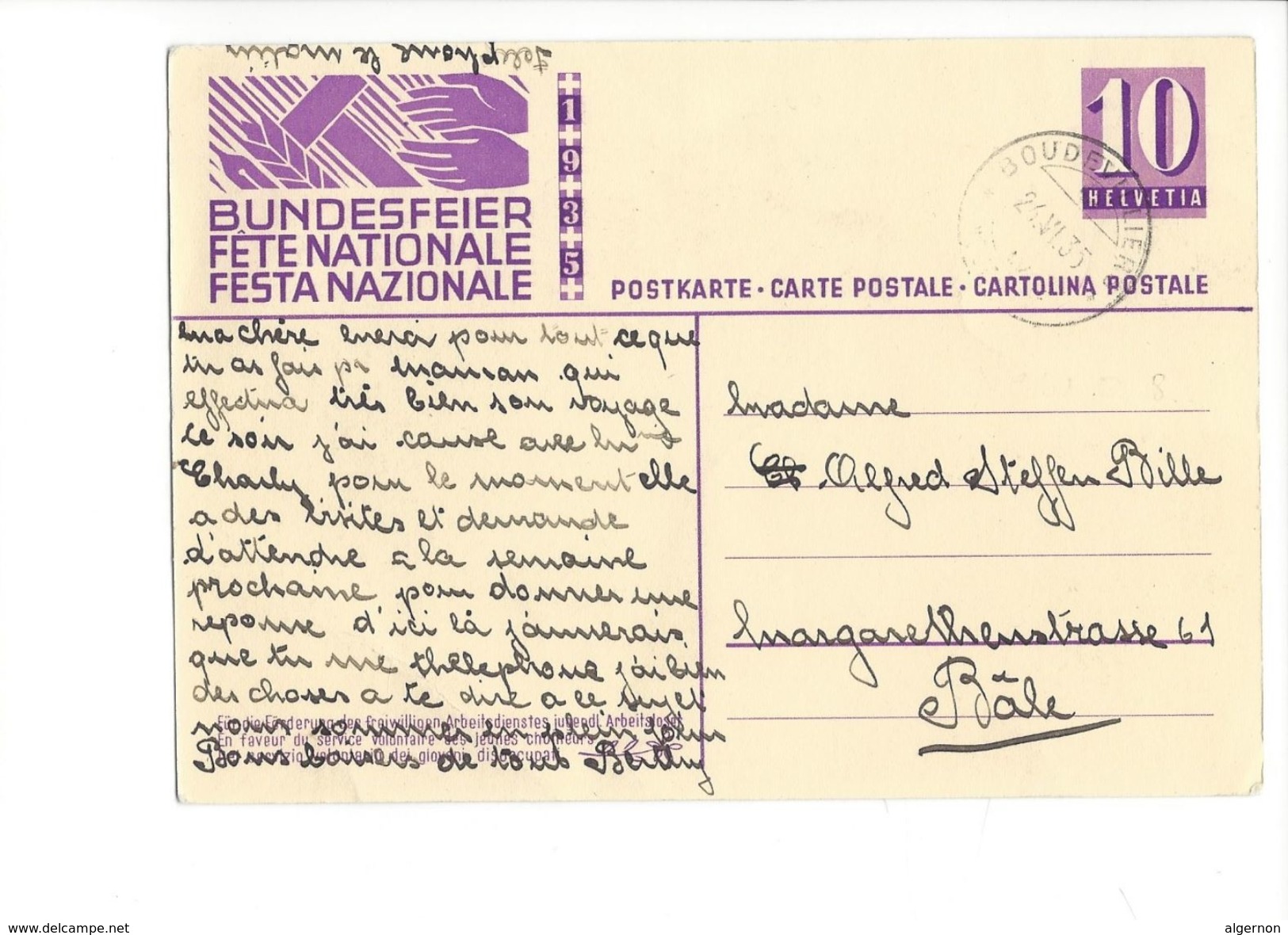 17286 - 1935 N° 61 Fête Nationale Bundesfeier Cartolina De La Festa Nazionale - Interi Postali