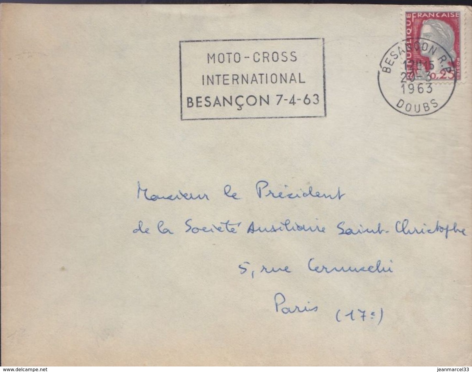 Lettre Moto Besançon RP 20-3 1963 Flamme =o " Moto-Cross International Besançon 7-4-63  " - Motorbikes