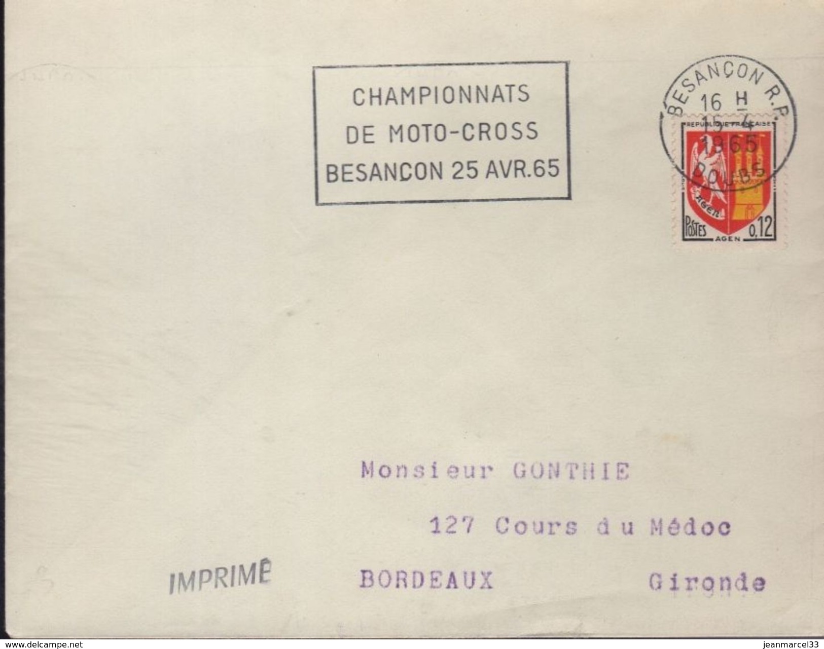 Lettre Moto Besançon RP 15-4 1965 Flamme =o " Championnats De Moto-Cross  Besançon 25 Avr. 65  " - Motorbikes