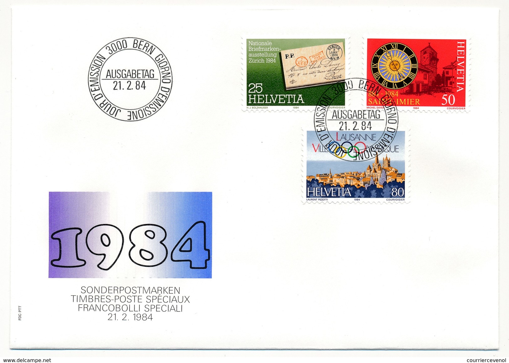 SUISSE - 4 Env FDC - Timbres Spéciaux 1984 ( Expo Philatélie / Saint Imier / Lausanne Olympique ) - Bern - 21/02/1984 - FDC