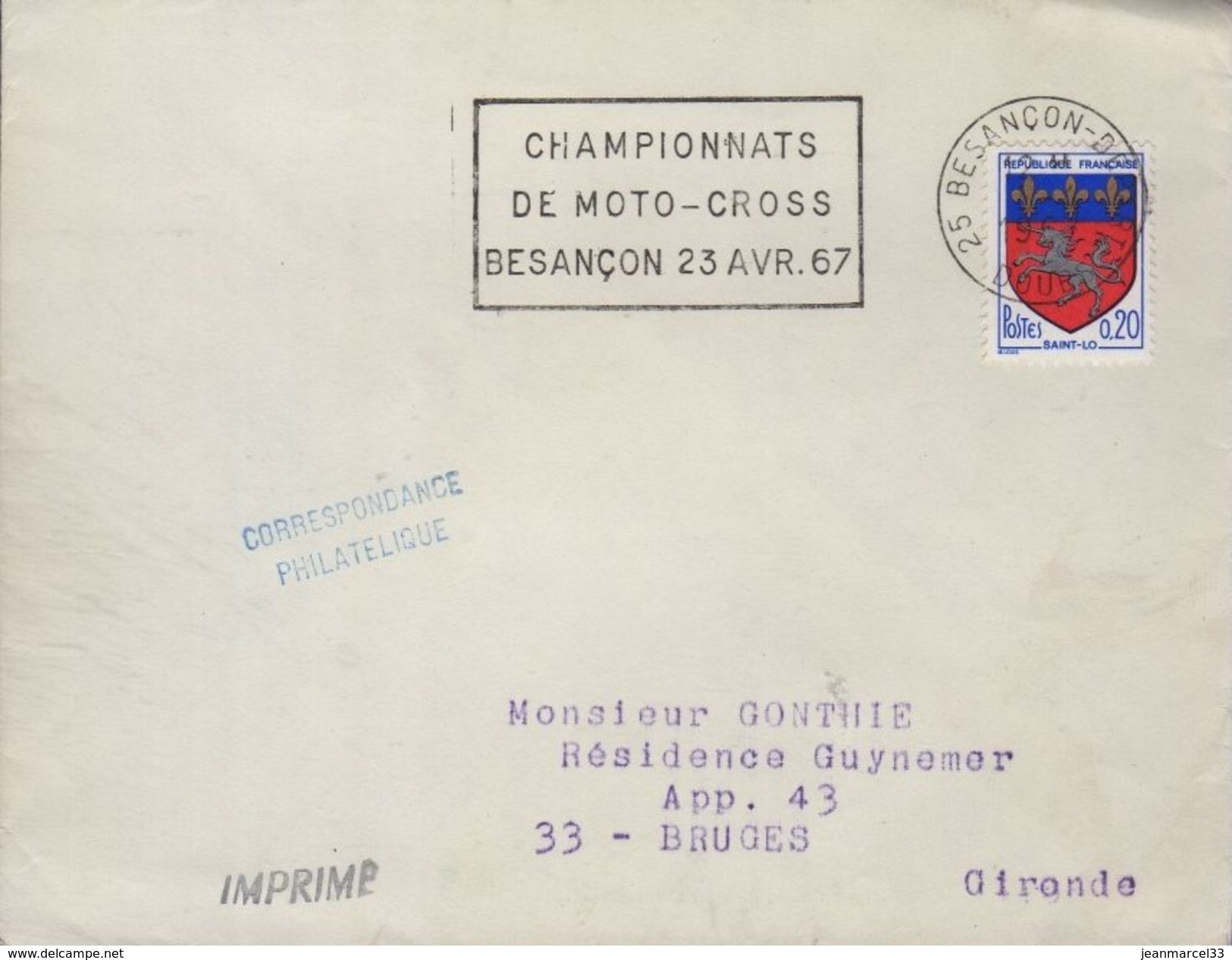 Lettre Moto 25 Besançon-Depart 12-4 1967 Flamme =o " Championnats De Moto-Cross  Besançon 23 Avr. 67  " - Motorbikes