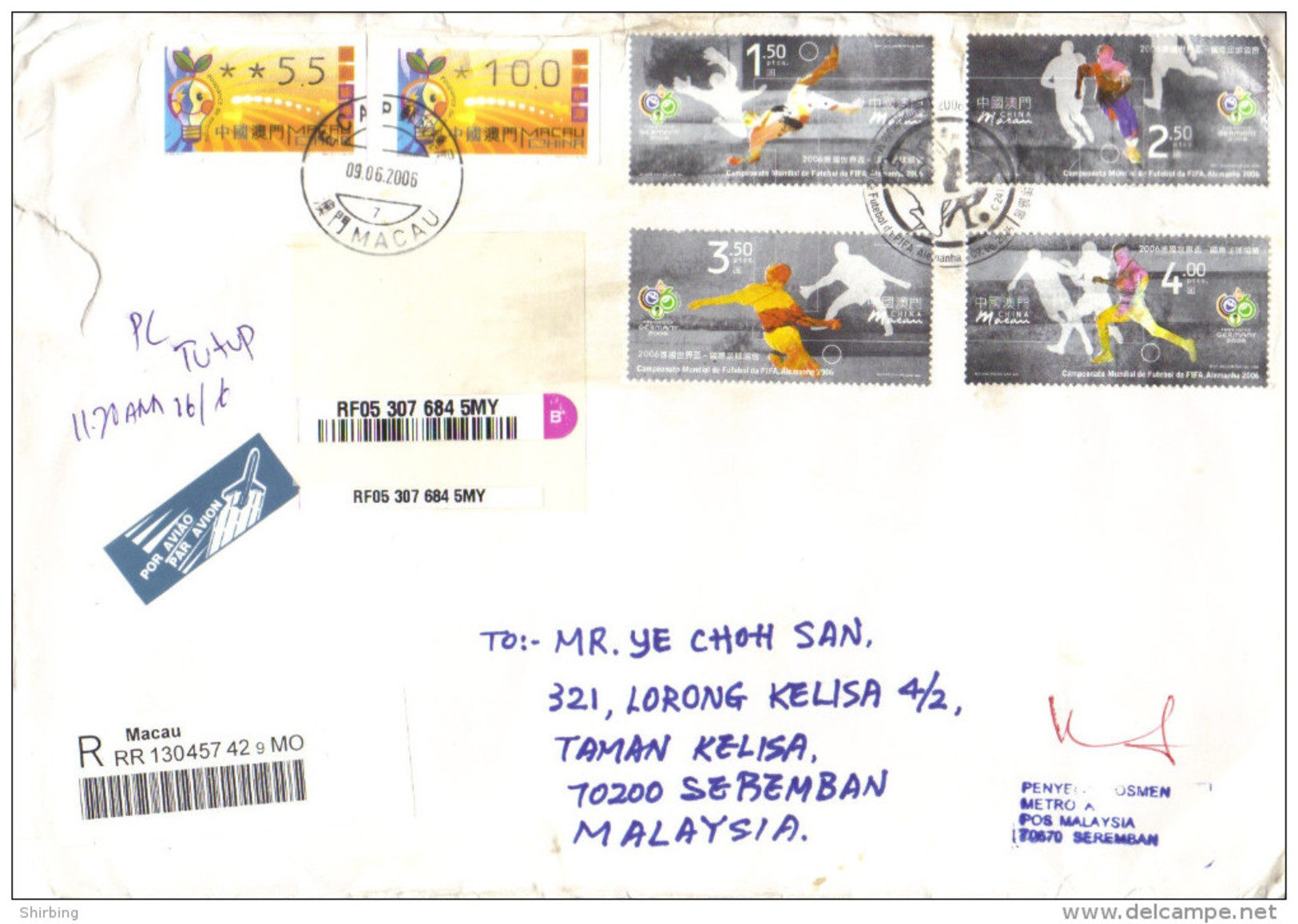 19G : Macau Football,soccer,light Bulbs Label Stamps  On Registered Cover - Other & Unclassified